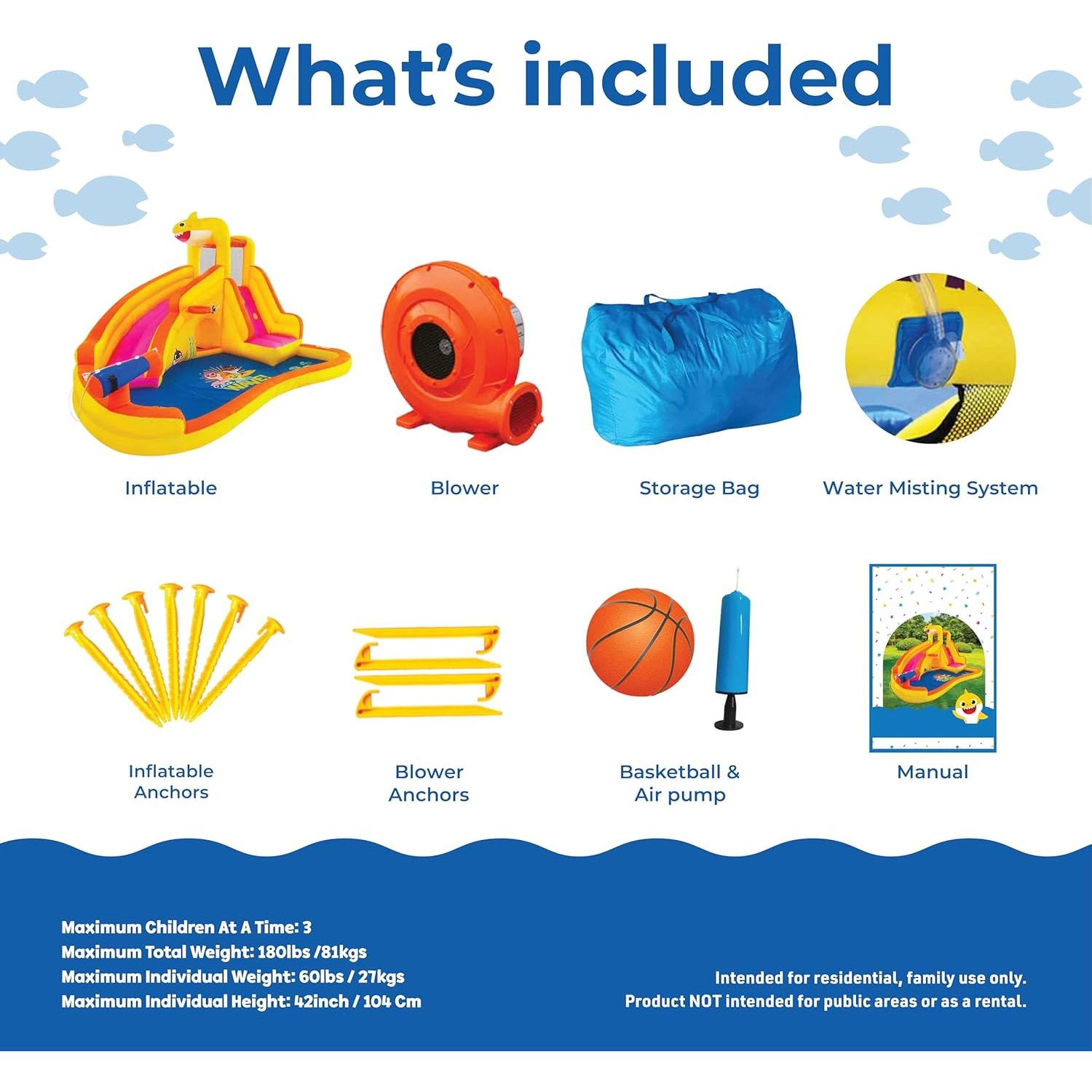 Casa de Rebote Inflable Baby Shark con Tobogán Curvo y Piscina