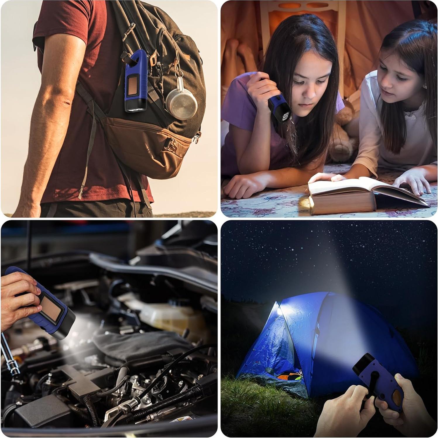 Simpeak 2-Pack Hand Crank Solar Powered LED Flashlight, Emergency Survival Flashlight with Dynamo Torch for Outdoor Sports (Blue)