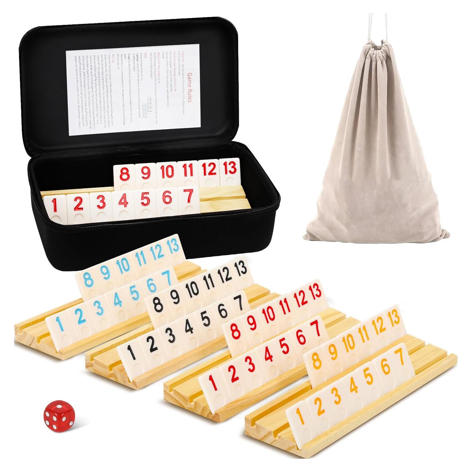 Upgraded 4 Players Rummy Game, 106 Melamine Tiles, 4 Wooden Racks, Premium Portable Case, Drawstring Bags, Tile Board Games for Adults, Birthday Gifts for Men Women Dad Mom