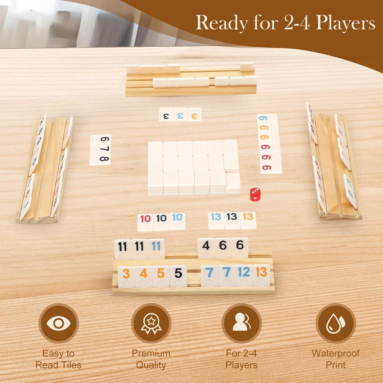 Upgraded 4 Players Rummy Game, 106 Melamine Tiles, 4 Wooden Racks, Premium Portable Case, Drawstring Bags, Tile Board Games for Adults, Birthday Gifts for Men Women Dad Mom