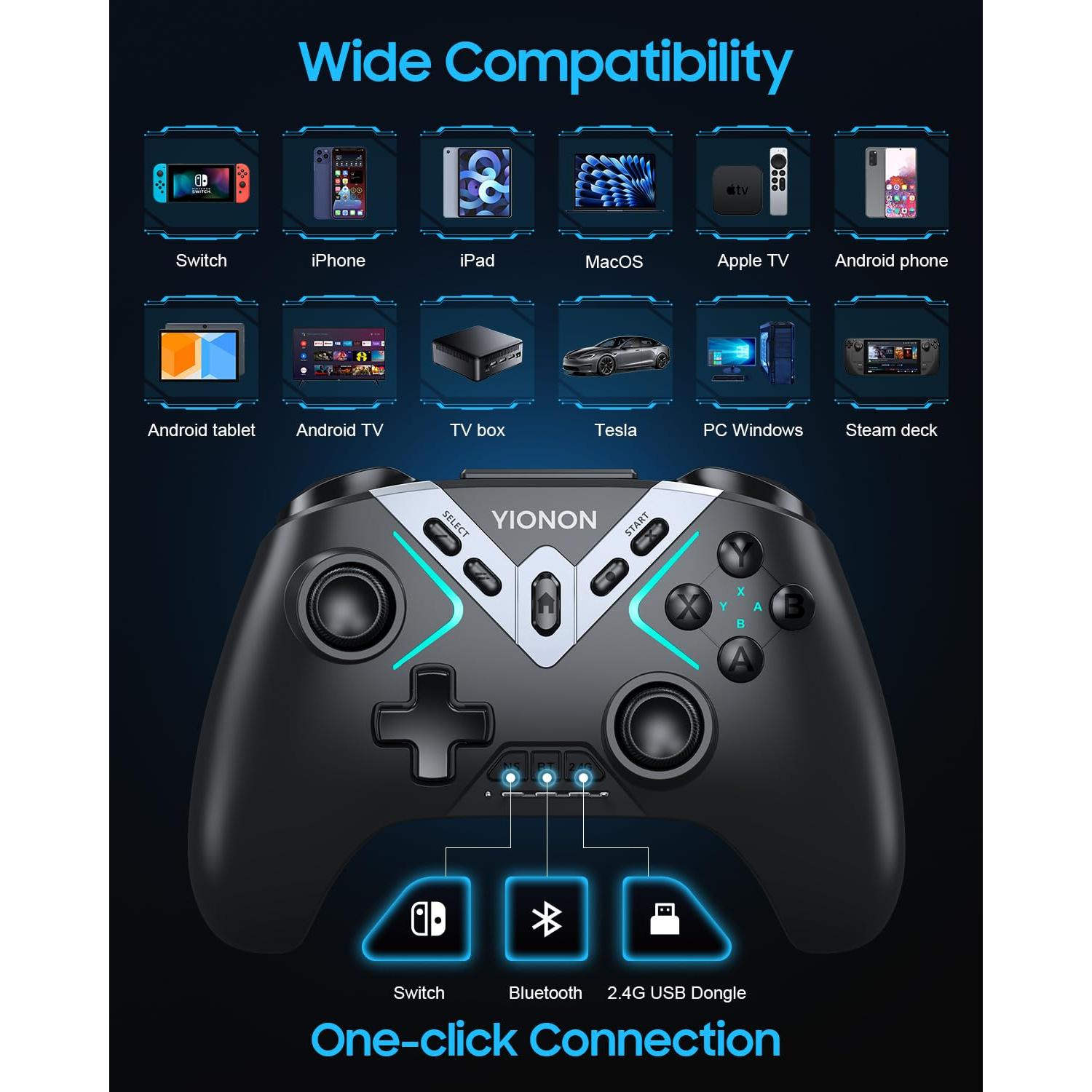 Controlador Inalámbrico Bluetooth YIONON con Efecto Hall y Joysticks