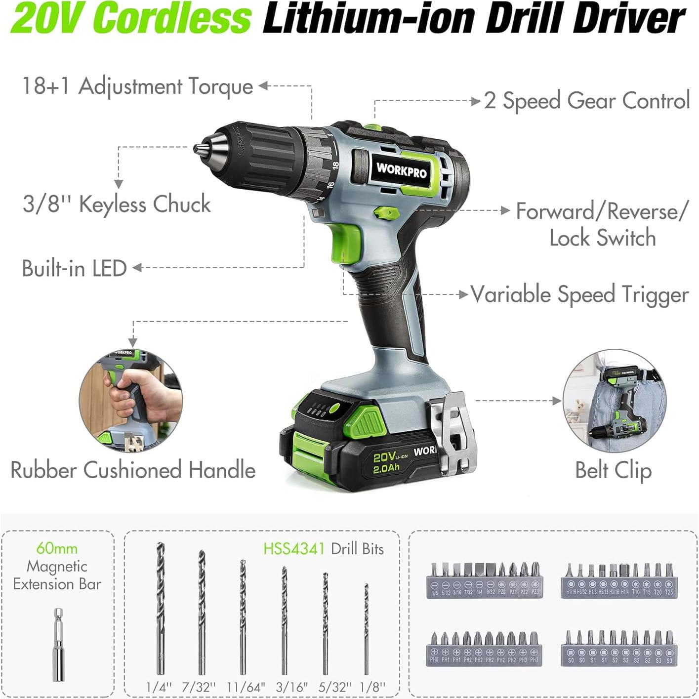 Conjunto de Herramientas Workpro 157 Piezas con Taladro 20V