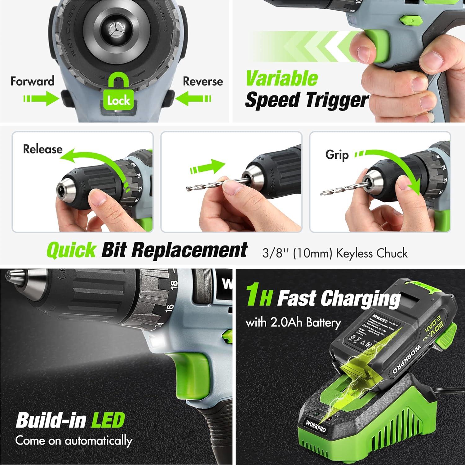 Conjunto de Herramientas Workpro 157 Piezas con Taladro 20V