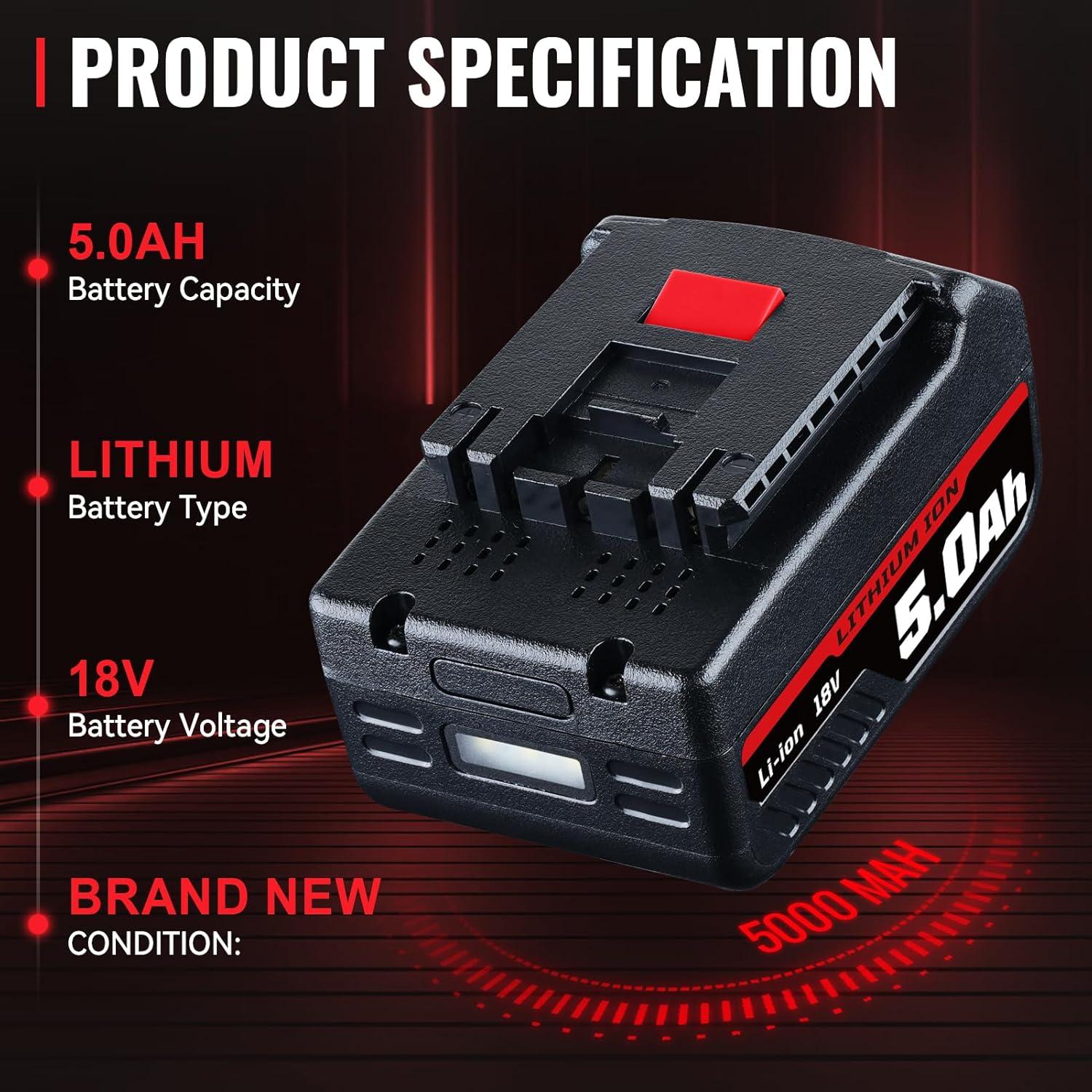 Upgrade 5.0Ah BAT609 Li-ion Battery Replacement for Bosch 18V Battery Rechargeable Compatible with Bosch 18V Lithium ion Cordless Power Tools BAT609G BAT609 BAT618 BAT618G BAT619