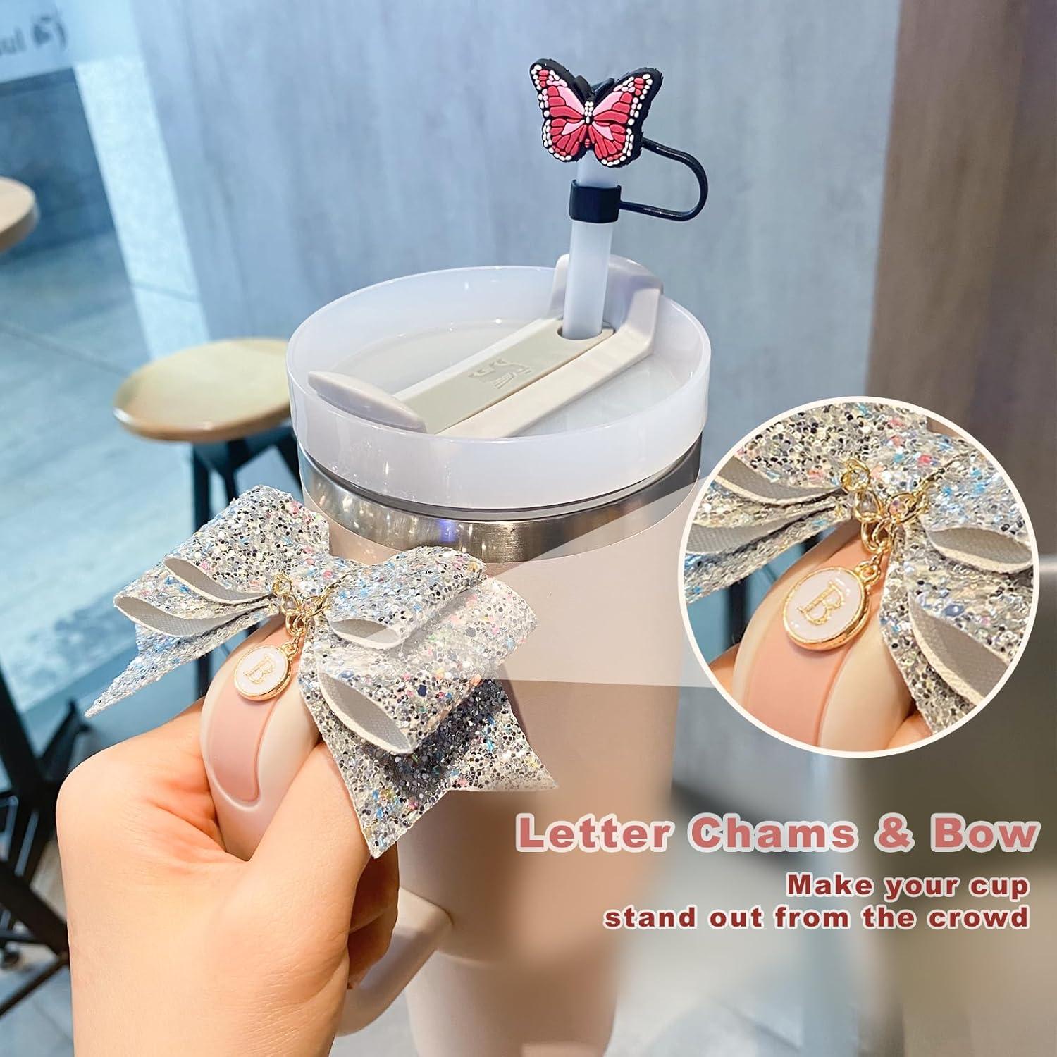 Stanley Charms Accessories Gifts, 2 Set Straw Cover, Letter Charms and Handle Bow for Tumbler, Cup Decorations with Initial Name ID for Stanley Simple Modern (B)