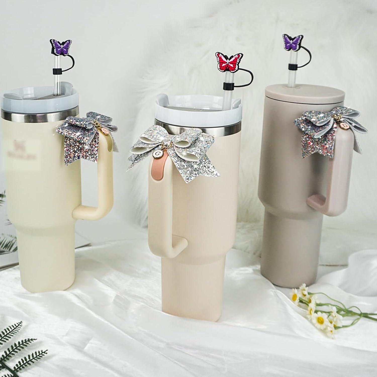 Stanley Charms Accessories Gifts, 2 Set Straw Cover, Letter Charms and Handle Bow for Tumbler, Cup Decorations with Initial Name ID for Stanley Simple Modern (B)