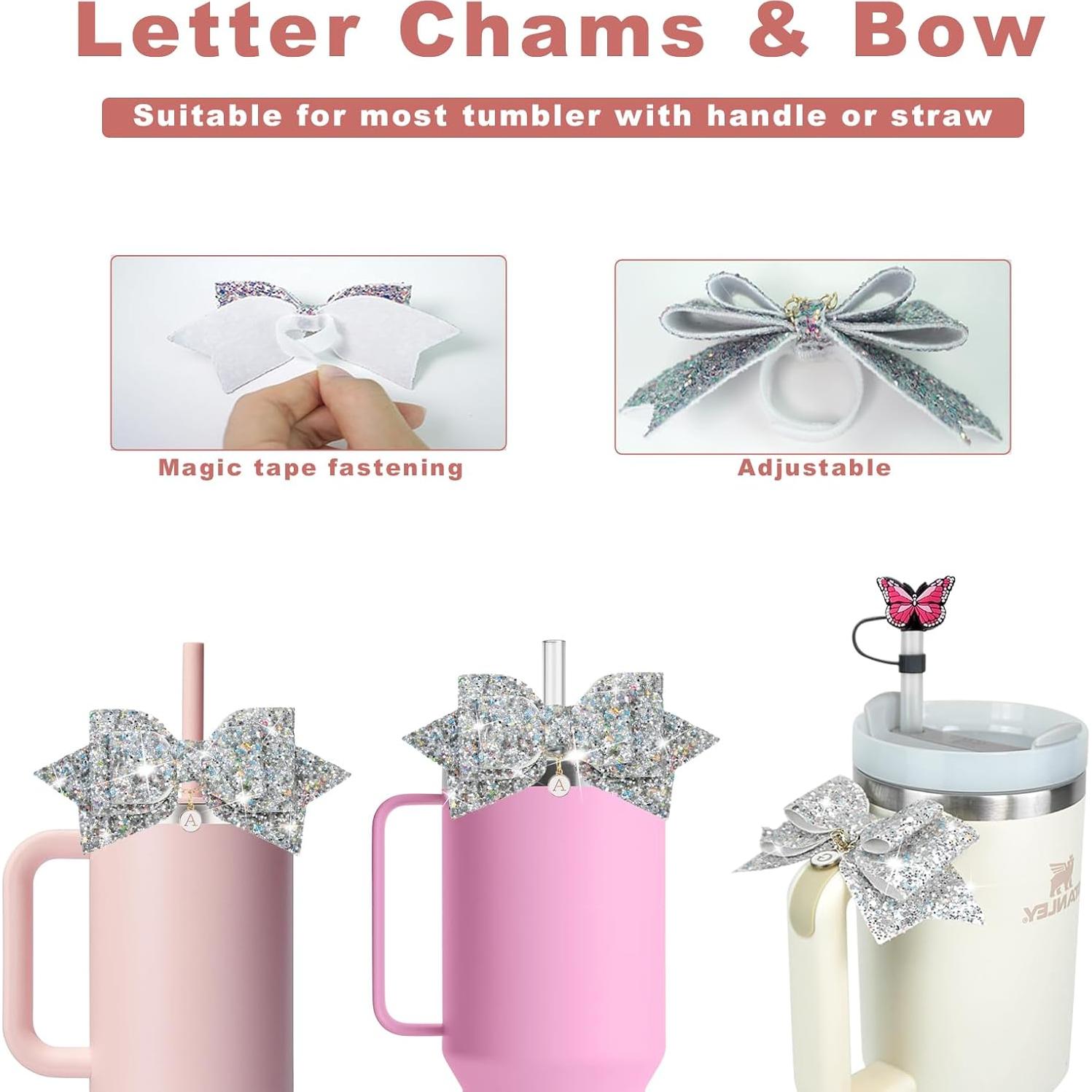 Stanley Charms Accessories Gifts, 2 Set Straw Cover, Letter Charms and Handle Bow for Tumbler, Cup Decorations with Initial Name ID for Stanley Simple Modern (B)