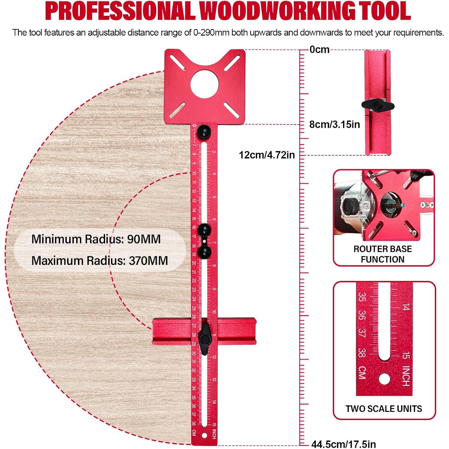 New 4 in 1 Router Milling Groove Bracket, Aluminum Alloy Router Circle Cutting Jig, Multifunctional Router Guide for Cutting Circles, Adjustable Router Jig Tool for Woodworking (Rose Red)