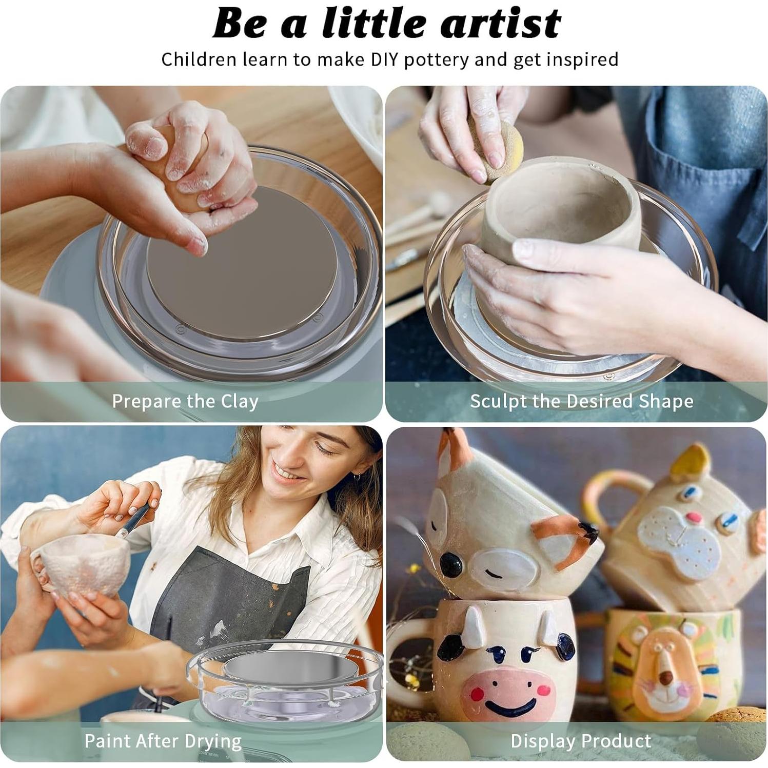 Mini Pottery Wheel Kit - 4.7" Pottery Wheel for Beginners, with Pottery Tools and Art Supplies, Detachable Turntable, Crafts for Home DIY, Ceramic Work & Art Creation(Green)