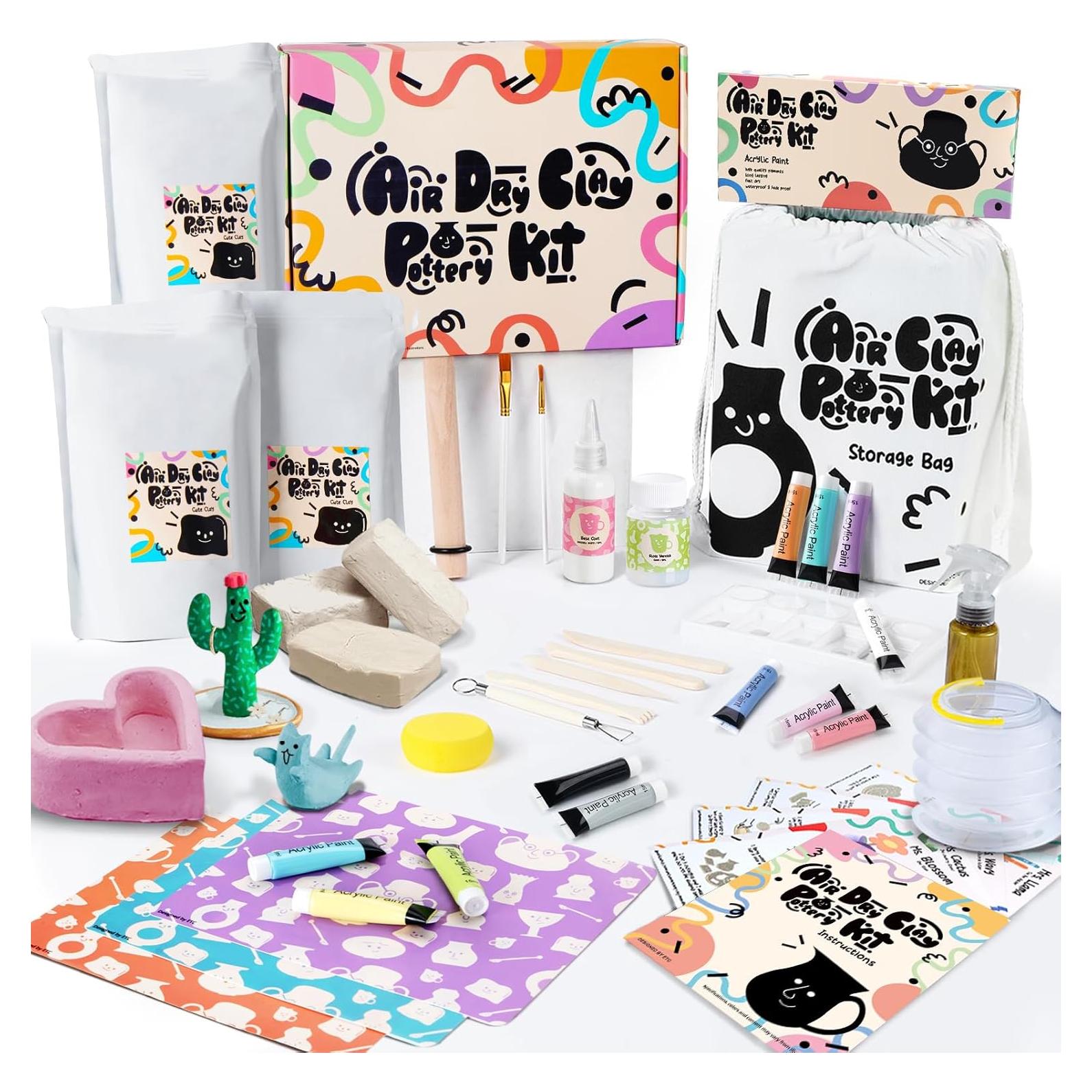 Air Dry Clay Pottery Kit for Adults, DIY Pottery Craft Clay Kit for Beginners, Sculpting Tools Set & Step-by-Step Guide, 12 Paints, Paintbrush, Varnish, Sponge, Kids Teen Party Birthday Holiday Gift