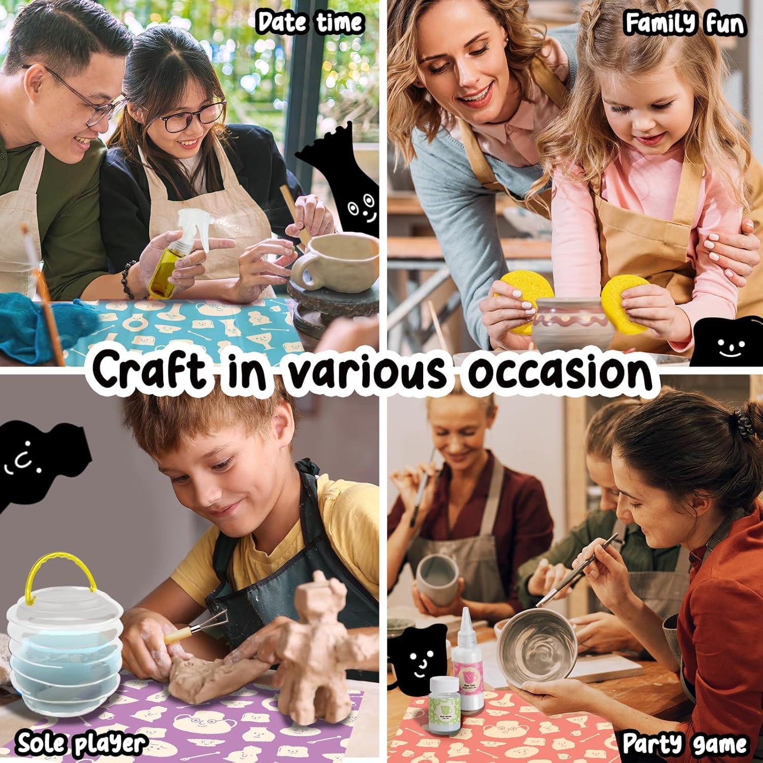 Air Dry Clay Pottery Kit for Adults, DIY Pottery Craft Clay Kit for Beginners, Sculpting Tools Set & Step-by-Step Guide, 12 Paints, Paintbrush, Varnish, Sponge, Kids Teen Party Birthday Holiday Gift