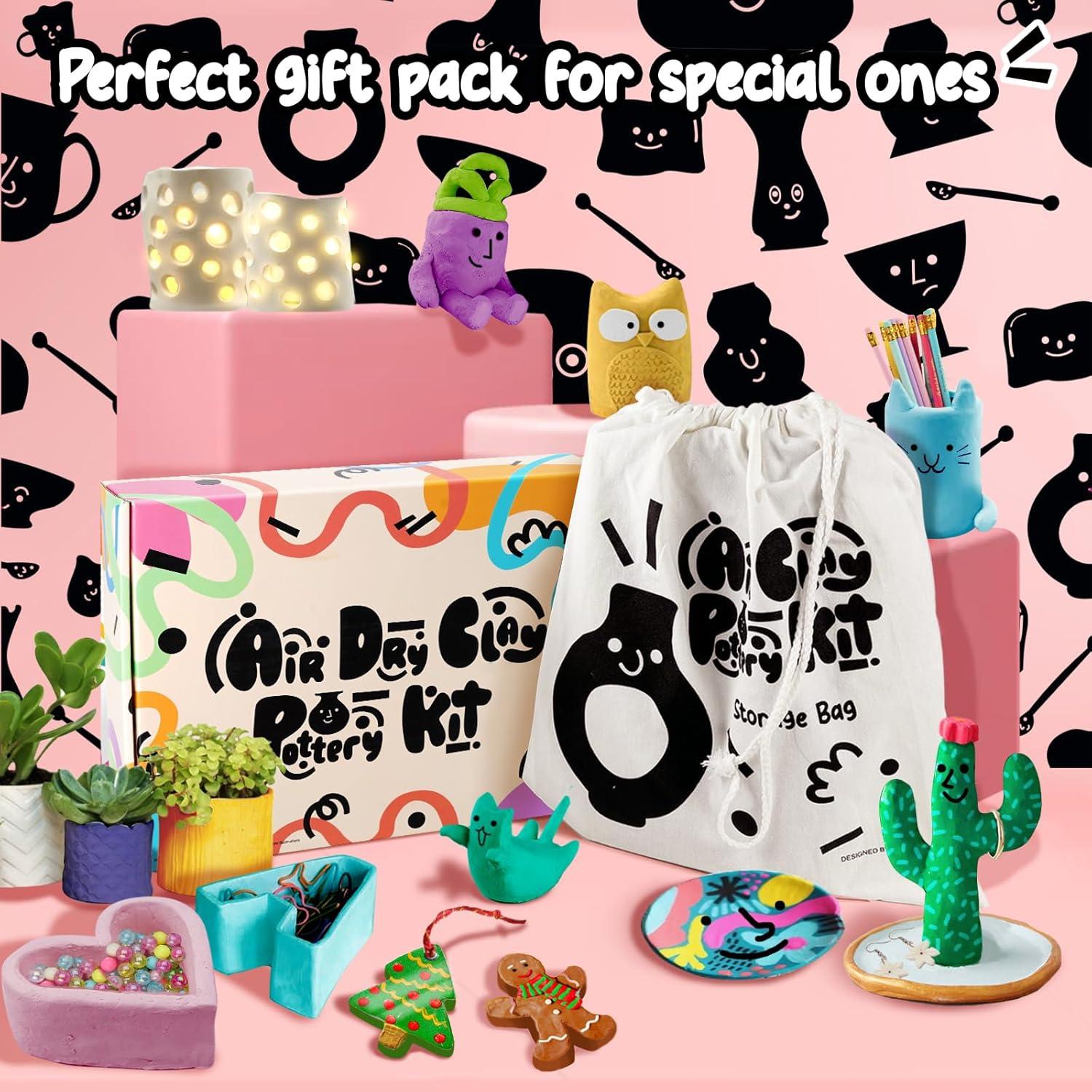 Air Dry Clay Pottery Kit for Adults, DIY Pottery Craft Clay Kit for Beginners, Sculpting Tools Set & Step-by-Step Guide, 12 Paints, Paintbrush, Varnish, Sponge, Kids Teen Party Birthday Holiday Gift