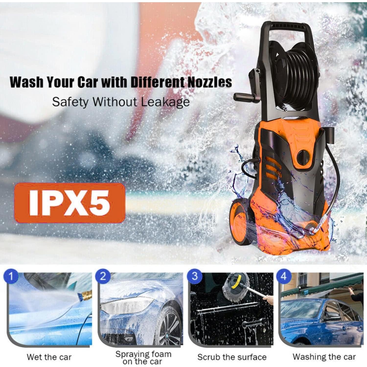 Electric Pressure Washer, Harigal 4000 Max PSI, 2.6 GPM Power Washer Machine with Surface Cleaner Hose Reel, 5 Quick-Connect Nozzles, Spray Gun, Brush for Car/Patio/Driveways Cleaning (Orange)