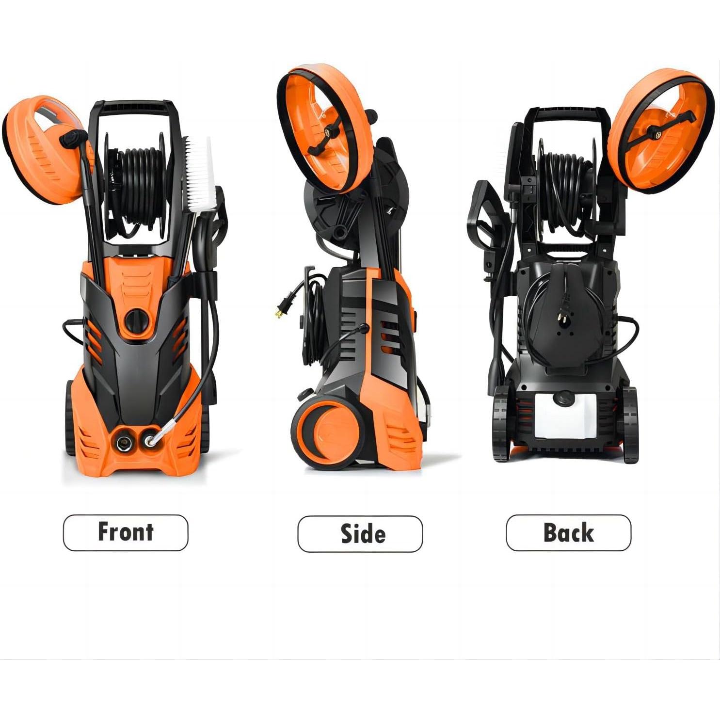 Electric Pressure Washer, Harigal 4000 Max PSI, 2.6 GPM Power Washer Machine with Surface Cleaner Hose Reel, 5 Quick-Connect Nozzles, Spray Gun, Brush for Car/Patio/Driveways Cleaning (Orange)