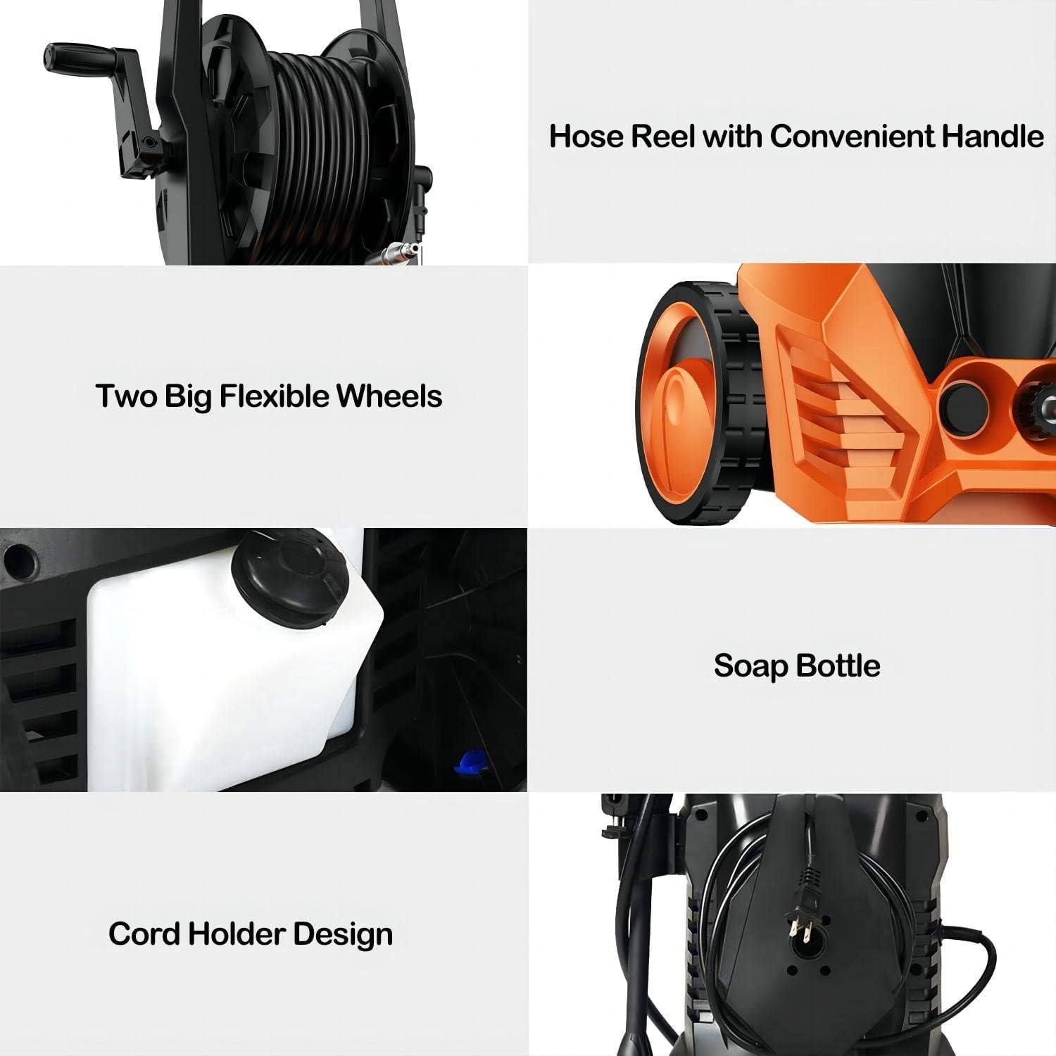 Electric Pressure Washer, Harigal 4000 Max PSI, 2.6 GPM Power Washer Machine with Surface Cleaner Hose Reel, 5 Quick-Connect Nozzles, Spray Gun, Brush for Car/Patio/Driveways Cleaning (Orange)