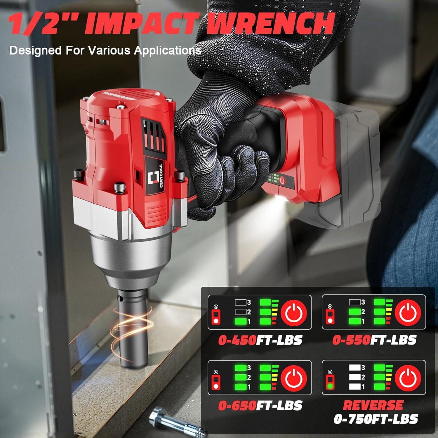 Cordless Impact Wrench 1/2 inch for Milwaukee 18v Battery – Brushless High Torque Impact Driver Gun with 750Ft-lbs Torque, LED Work Light, Ergonomic Design for Heavy-Duty Performance(no battery)