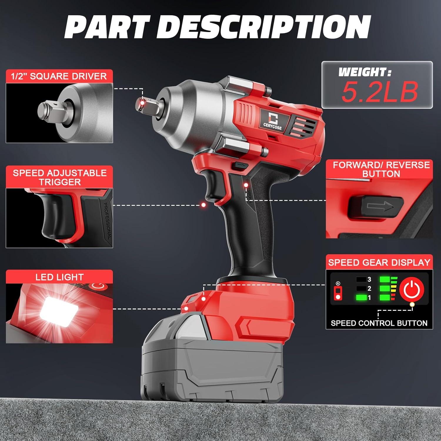 Cordless Impact Wrench 1/2 inch for Milwaukee 18v Battery – Brushless High Torque Impact Driver Gun with 750Ft-lbs Torque, LED Work Light, Ergonomic Design for Heavy-Duty Performance(no battery)