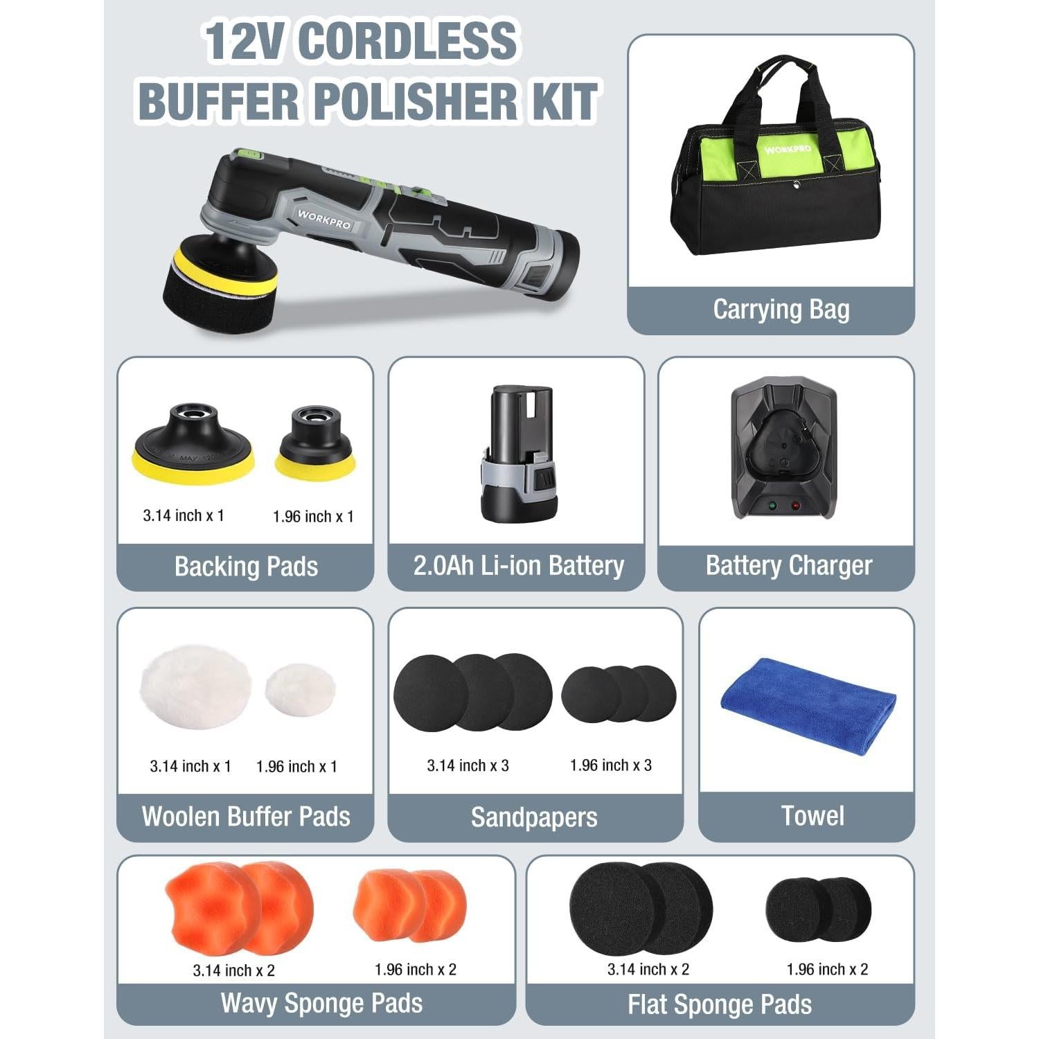 Pulidor Mini Inalámbrico WORKPRO 12V 3000RPM Kit Completo