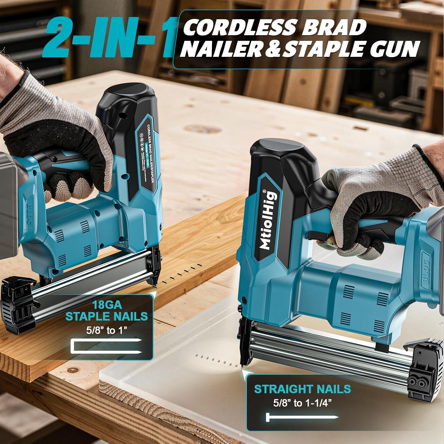 Cordless Brad Nailer 2-in-1 for Makita Battery, 5/8 to 1-1/4 Inch Electric Nail Gun/Staple Gun, 18 Gauge Nail Gun Brushless Motor with 1000 Nails for Wood Carpentry, 2 Modes(No Battery)