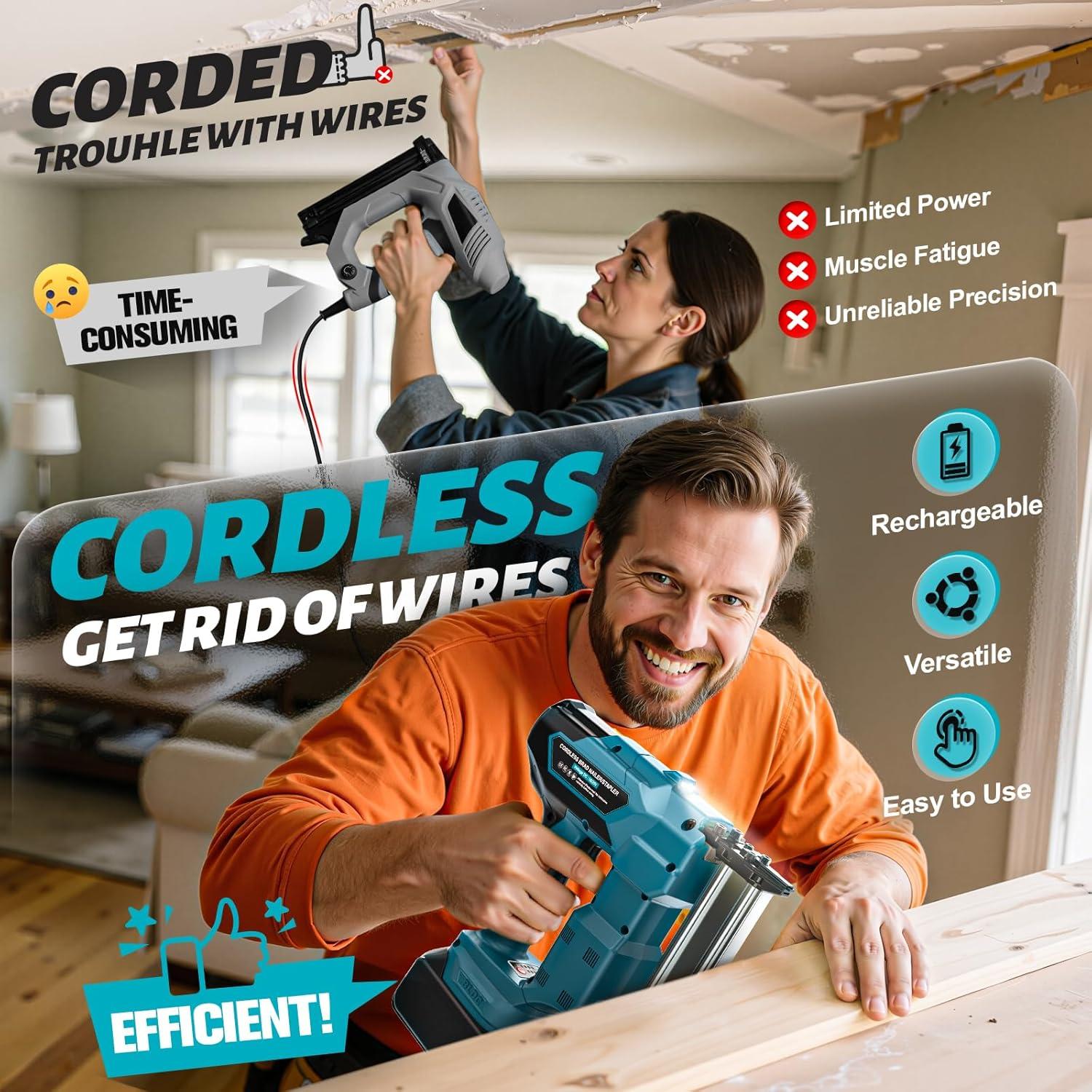 Cordless Brad Nailer 2-in-1 for Makita Battery, 5/8 to 1-1/4 Inch Electric Nail Gun/Staple Gun, 18 Gauge Nail Gun Brushless Motor with 1000 Nails for Wood Carpentry, 2 Modes(No Battery)