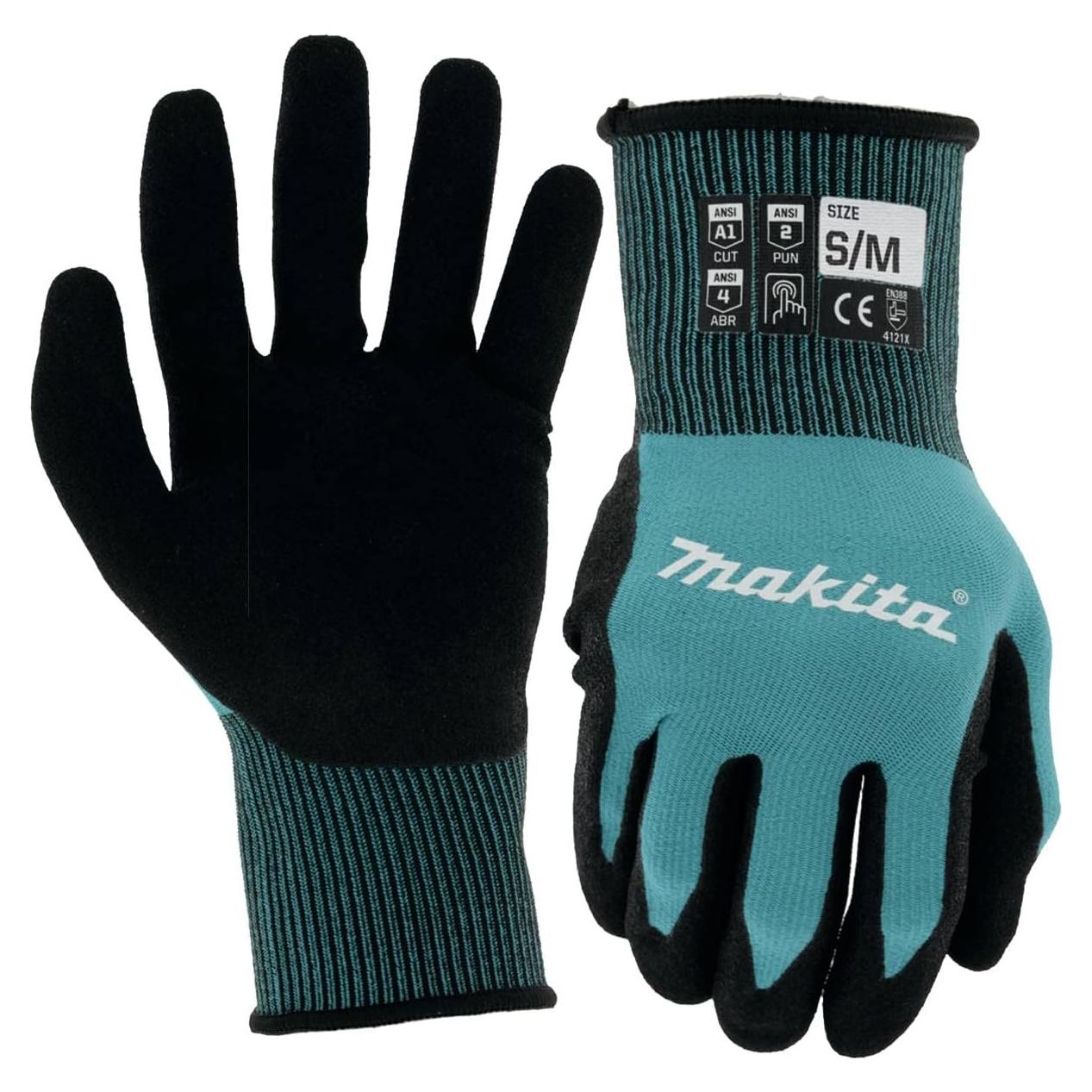 Makita Unisex FitknitÂ T 04117 FitKnit Cut Level 1 Nitrile Coated Dipped Gloves Small Medium, Teal/Black, Small Medium US
