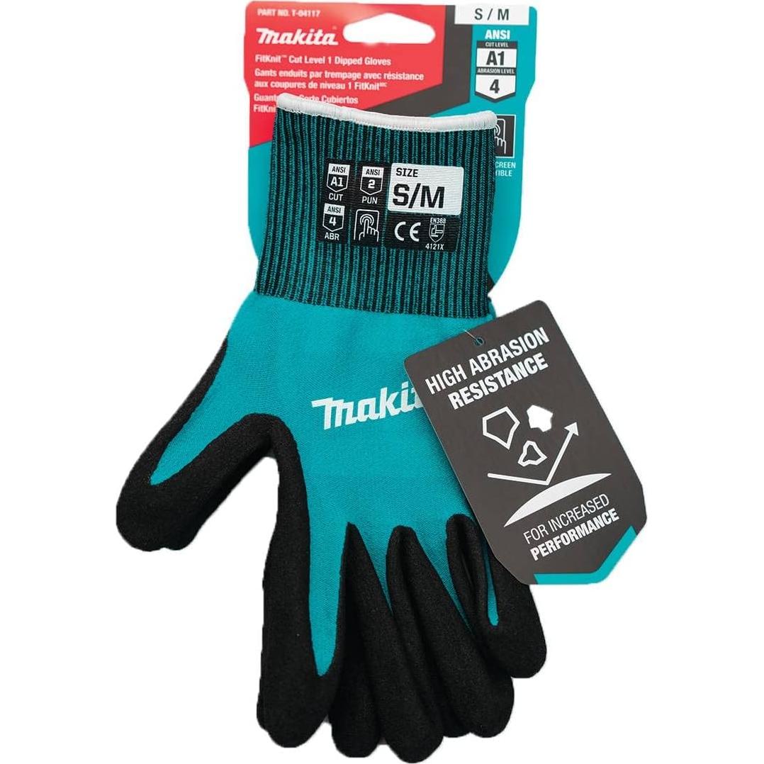 Makita Unisex FitknitÂ T 04117 FitKnit Cut Level 1 Nitrile Coated Dipped Gloves Small Medium, Teal/Black, Small Medium US
