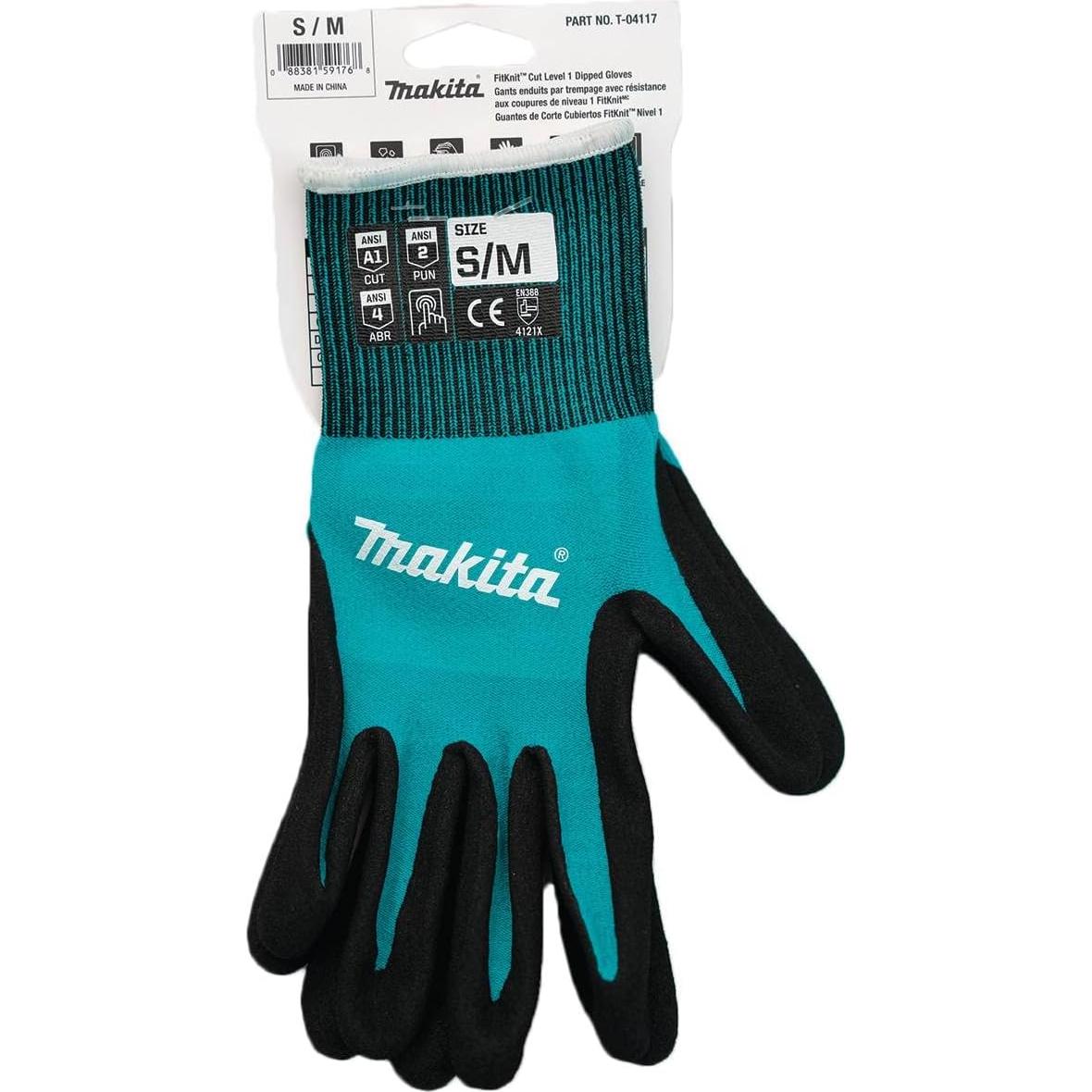 Makita Unisex FitknitÂ T 04117 FitKnit Cut Level 1 Nitrile Coated Dipped Gloves Small Medium, Teal/Black, Small Medium US