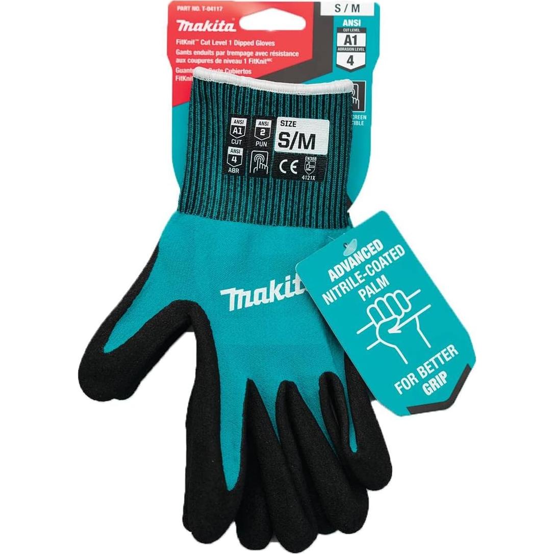 Makita Unisex FitknitÂ T 04117 FitKnit Cut Level 1 Nitrile Coated Dipped Gloves Small Medium, Teal/Black, Small Medium US