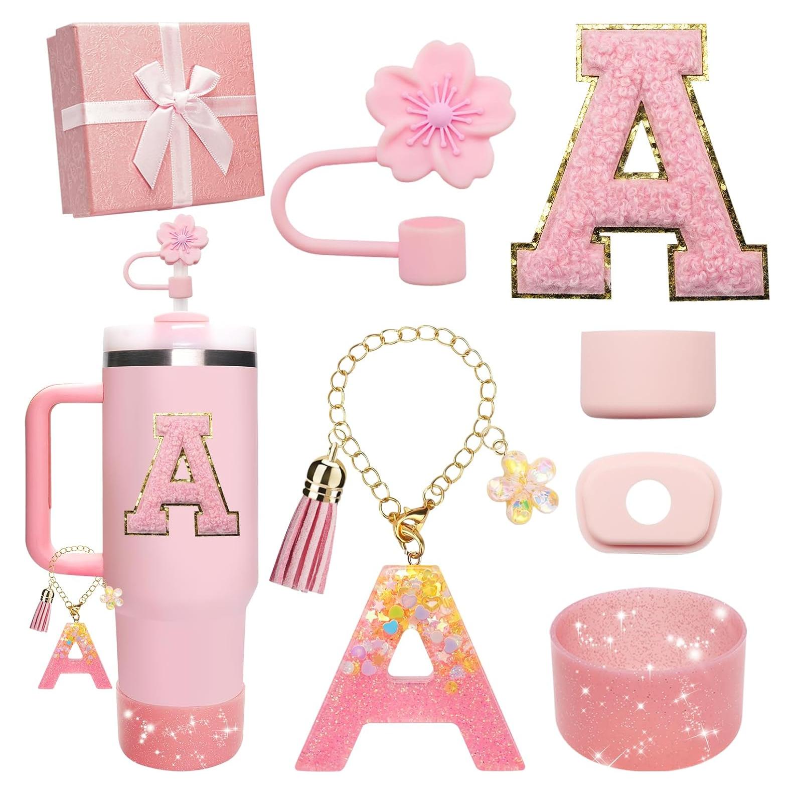 Pink Accessories for Stanley Cup 30OZ 40OZ, All Accessories Gift Box Contain Flower Straw Topper, Sillicone Boot, Letter Stickers and Pendants,Spill Stopper Set (Pink A)
