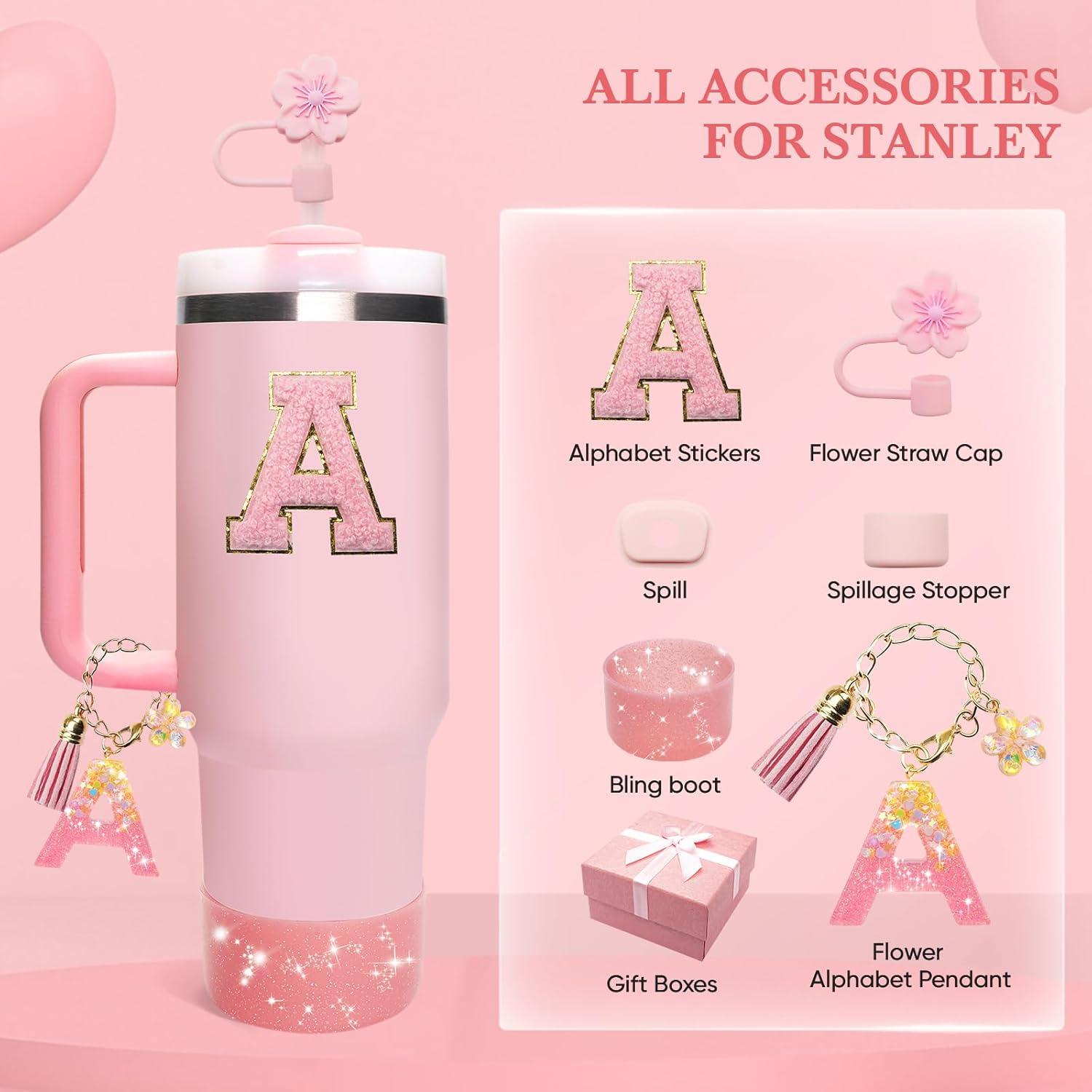 Pink Accessories for Stanley Cup 30OZ 40OZ, All Accessories Gift Box Contain Flower Straw Topper, Sillicone Boot, Letter Stickers and Pendants,Spill Stopper Set (Pink A)