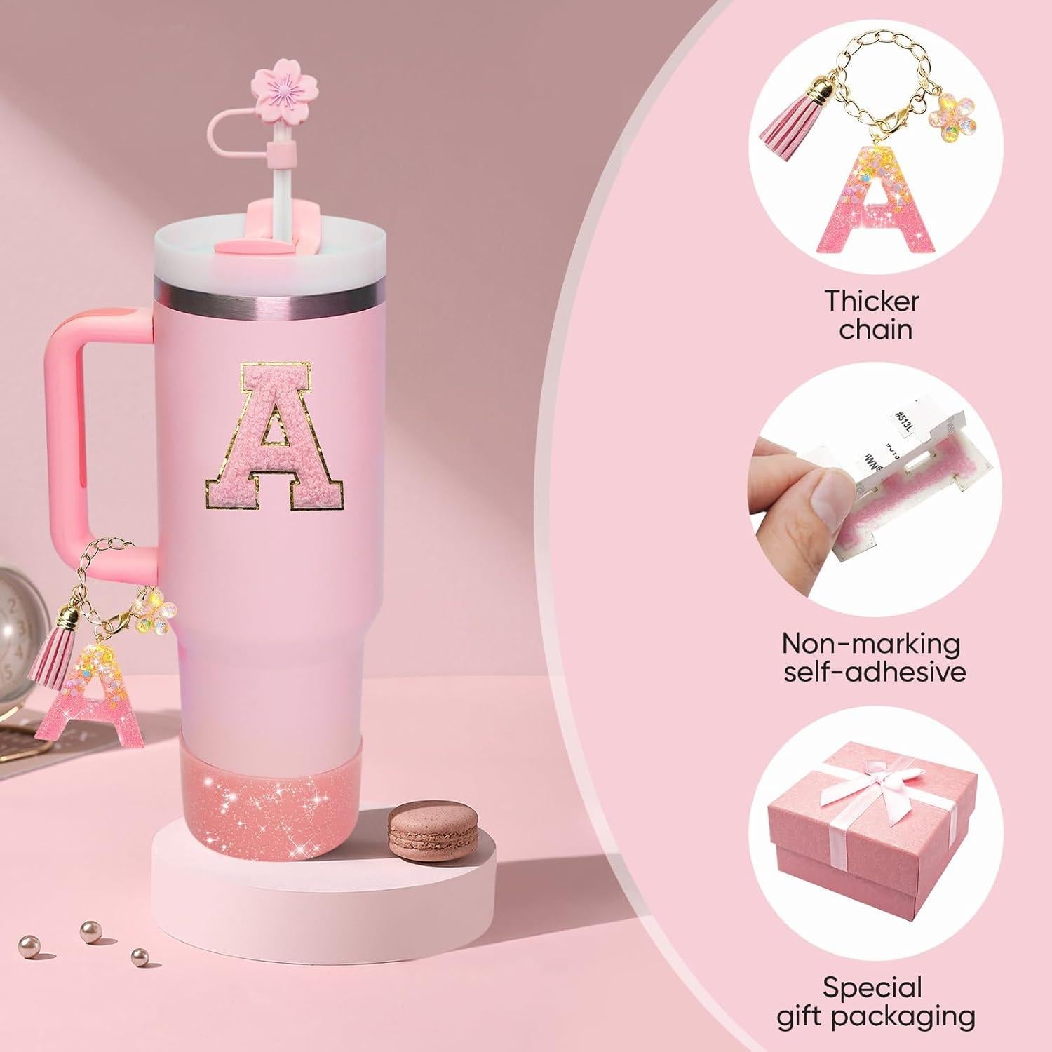 Pink Accessories for Stanley Cup 30OZ 40OZ, All Accessories Gift Box Contain Flower Straw Topper, Sillicone Boot, Letter Stickers and Pendants,Spill Stopper Set (Pink A)