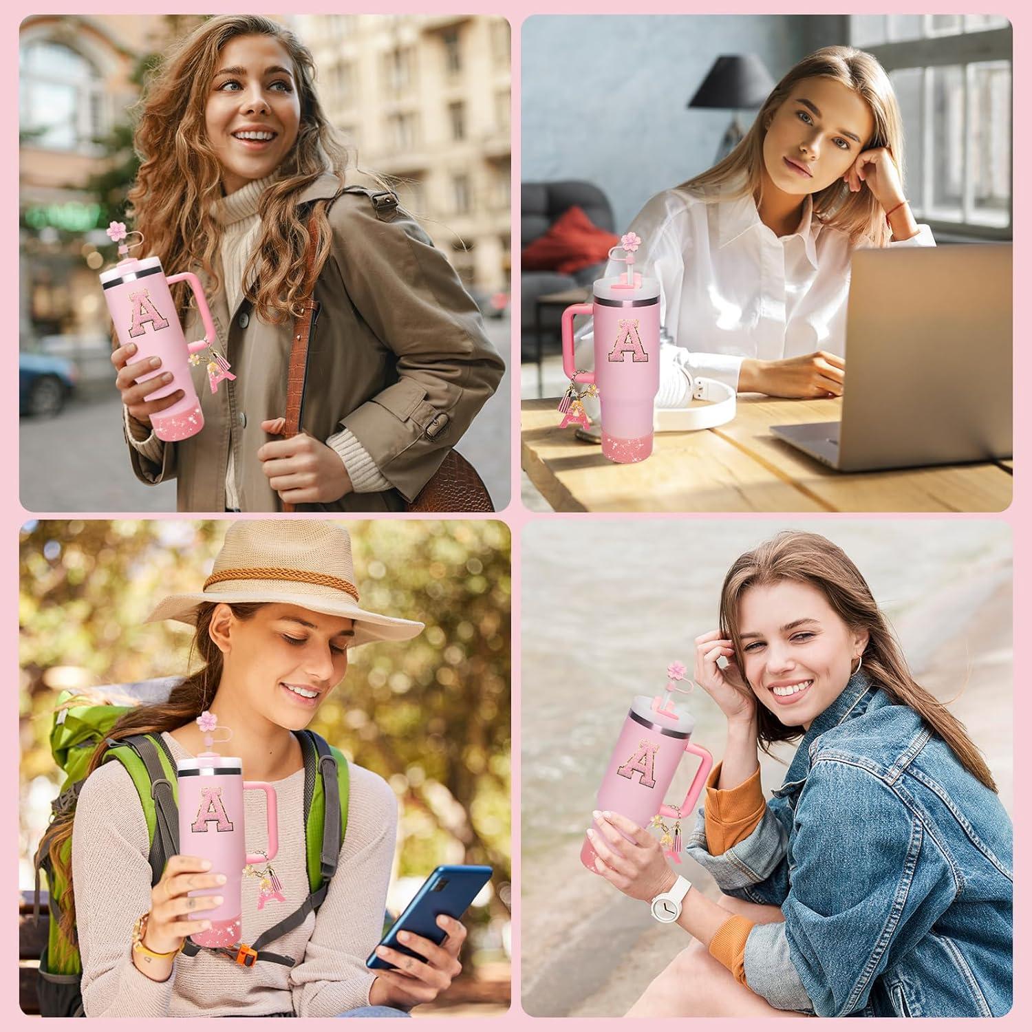 Pink Accessories for Stanley Cup 30OZ 40OZ, All Accessories Gift Box Contain Flower Straw Topper, Sillicone Boot, Letter Stickers and Pendants,Spill Stopper Set (Pink A)