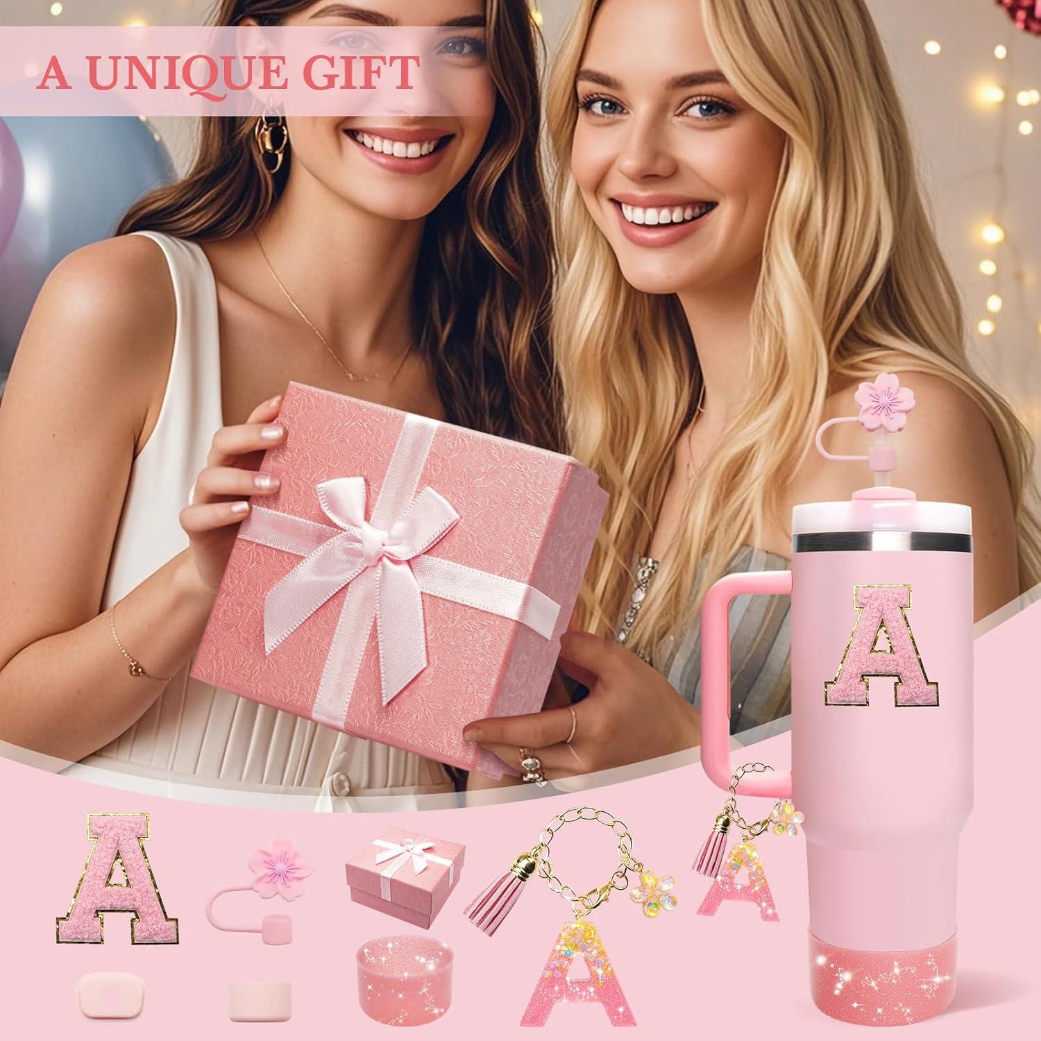 Pink Accessories for Stanley Cup 30OZ 40OZ, All Accessories Gift Box Contain Flower Straw Topper, Sillicone Boot, Letter Stickers and Pendants,Spill Stopper Set (Pink A)