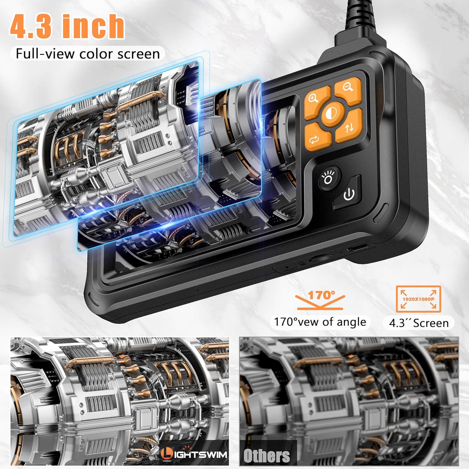 Industrial HD Digital Borescope, Lightswim 1080P 4.3" IPS Endoscope Inspection Camera with Handheld IP67 Waterproof Snake Sewer with 8 LED Lights 16.5ft Semi-Rigid Cable