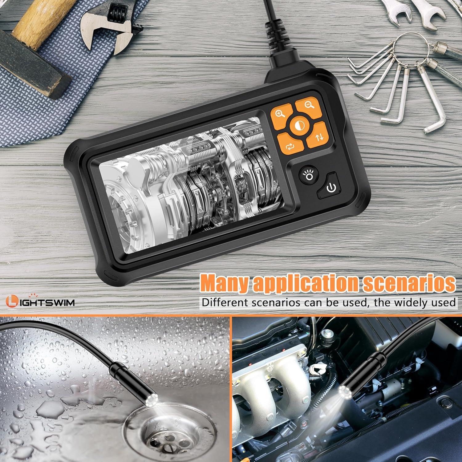 Industrial HD Digital Borescope, Lightswim 1080P 4.3" IPS Endoscope Inspection Camera with Handheld IP67 Waterproof Snake Sewer with 8 LED Lights 16.5ft Semi-Rigid Cable