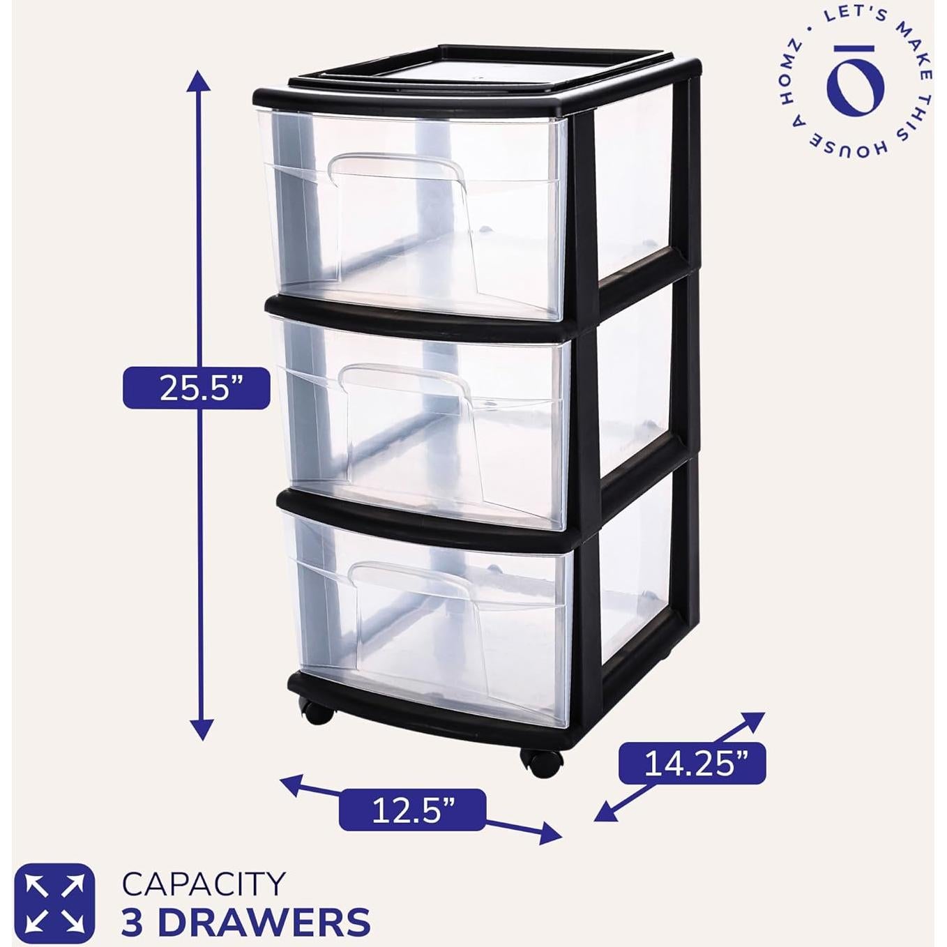 Carro Organizador HOMZ de 3 Cajones Plástico Negro 64.77 cm