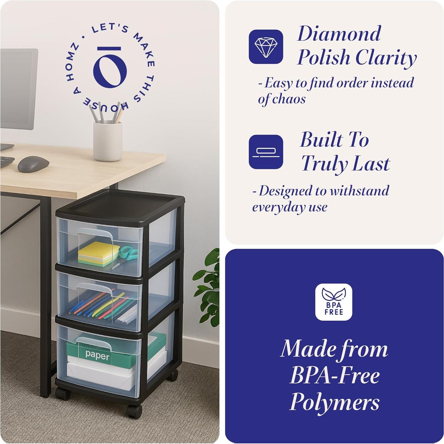 Carro Organizador HOMZ de 3 Cajones Plástico Negro 64.77 cm