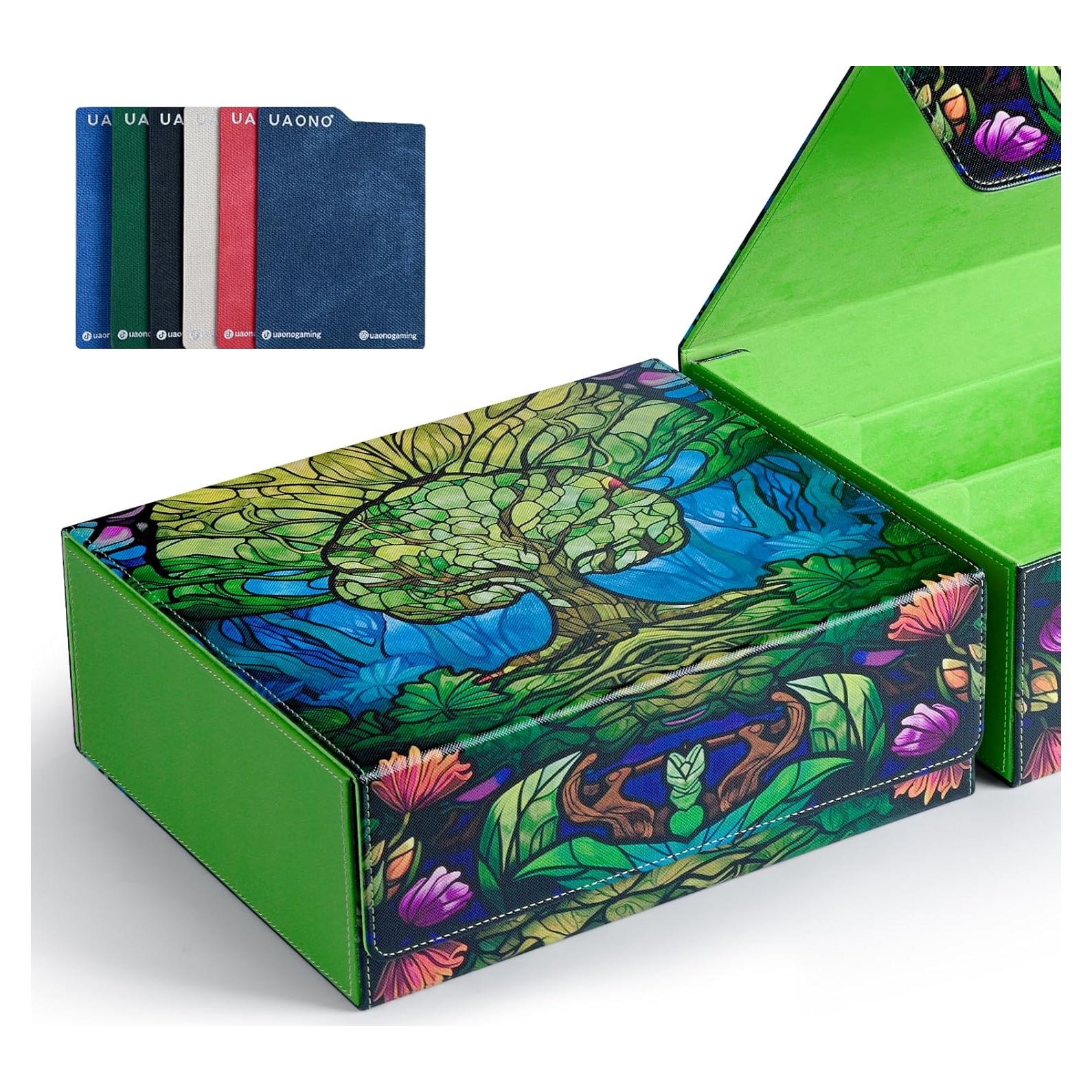 Card Storage Box for MTG, Trading Card Deck Box Holds 1800+ with 6 Dividers, Leather Printing Magnetic Closure Card Storage Case Fits TCG CCG Sports Cards (Green, Tree)