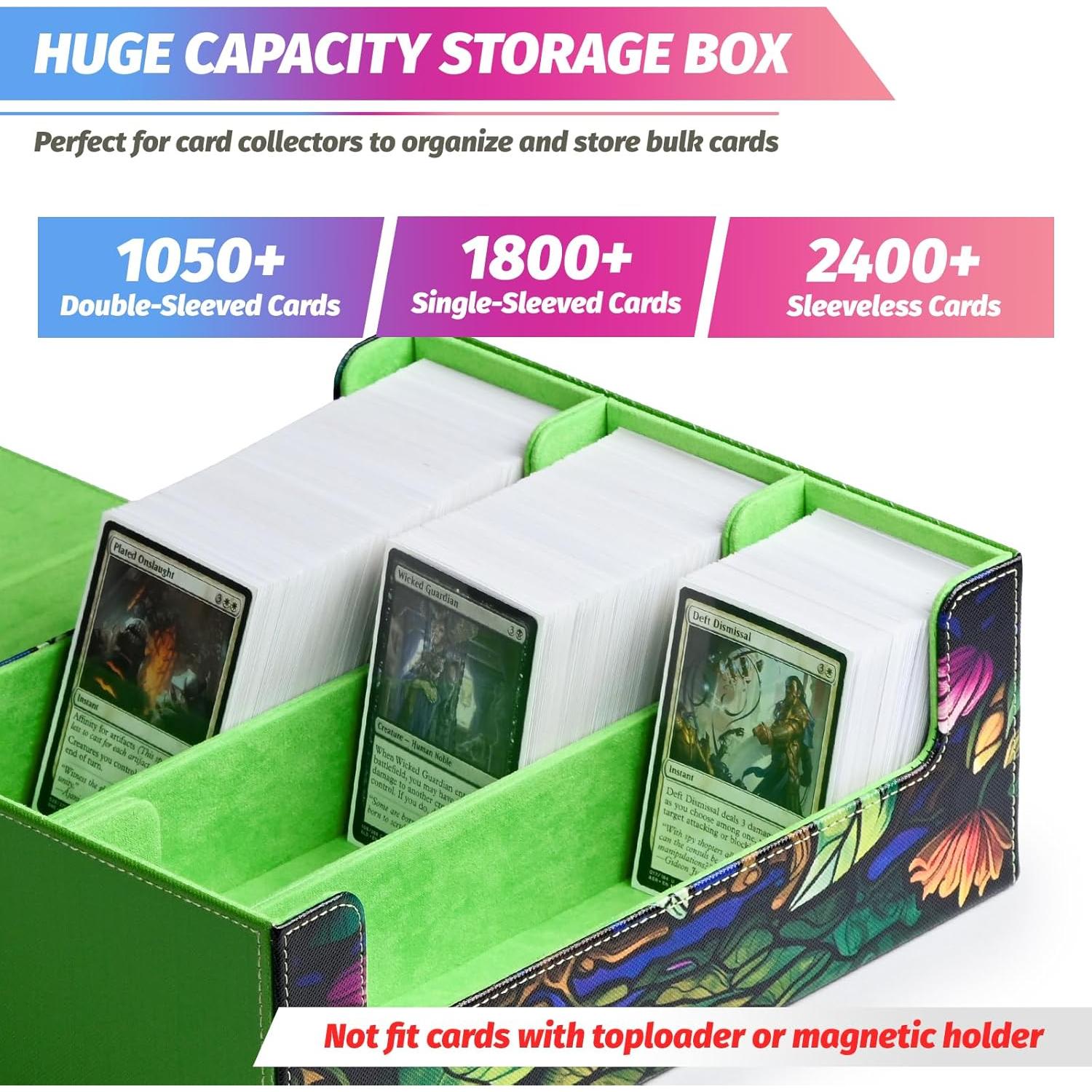 Card Storage Box for MTG, Trading Card Deck Box Holds 1800+ with 6 Dividers, Leather Printing Magnetic Closure Card Storage Case Fits TCG CCG Sports Cards (Green, Tree)