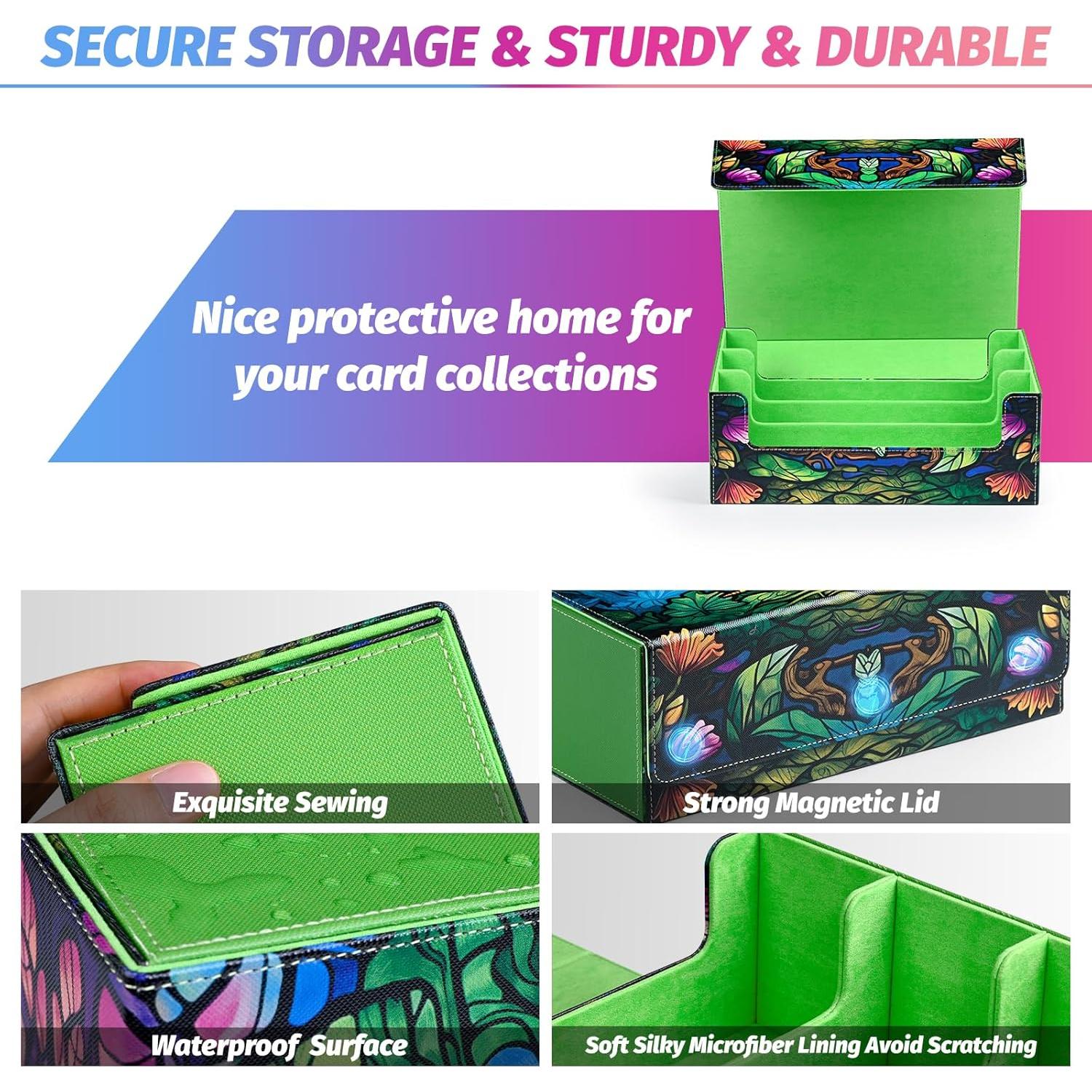 Card Storage Box for MTG, Trading Card Deck Box Holds 1800+ with 6 Dividers, Leather Printing Magnetic Closure Card Storage Case Fits TCG CCG Sports Cards (Green, Tree)