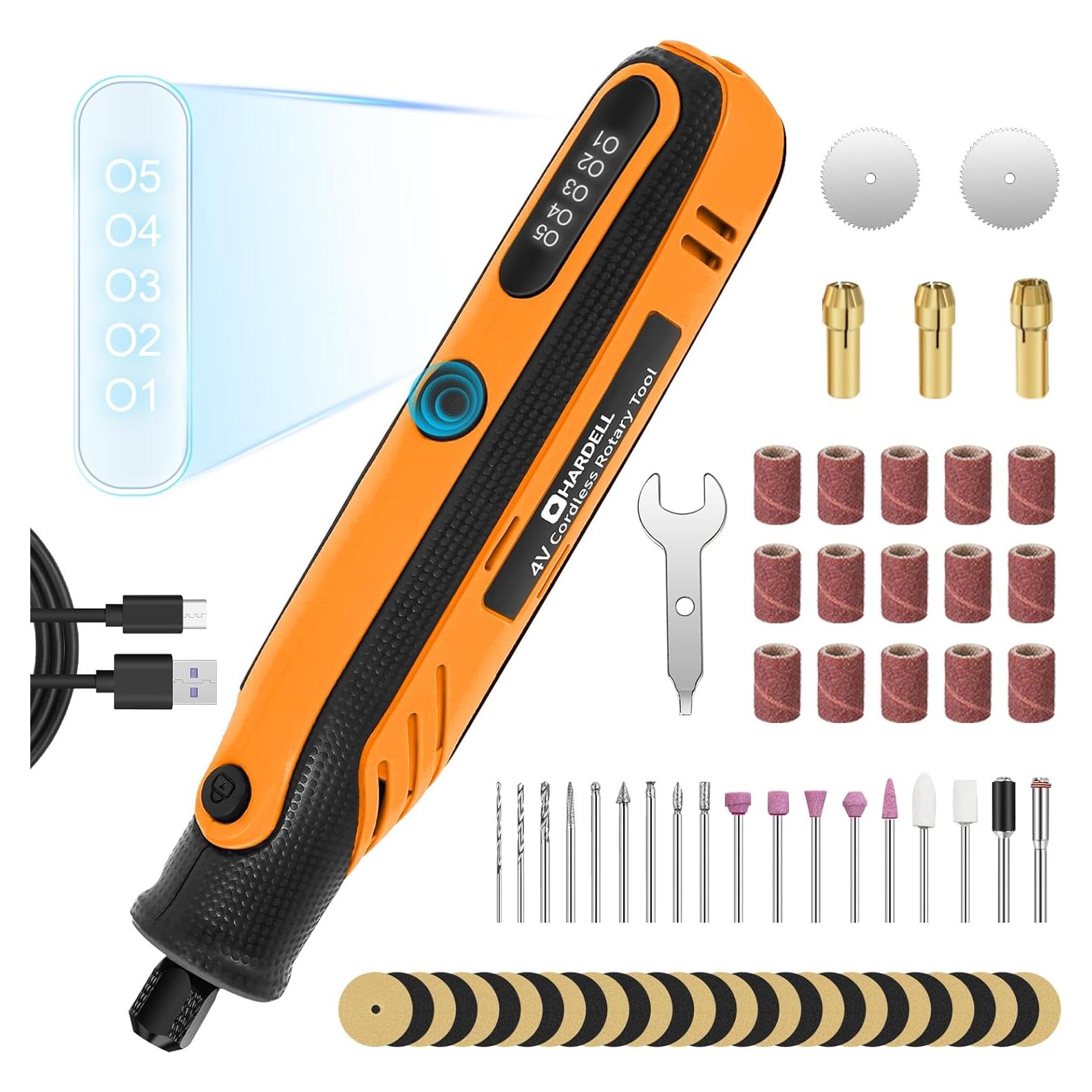 HARDELL Rotary Tool, 4V Mini Cordless Rotary tool Kit con 5 Speed Display, Rechargeable Rotary tool Set with 69 Accessories for Sanding, Grinding, Engraving, Polishing, Drilling, Cutting, DIY Crafting