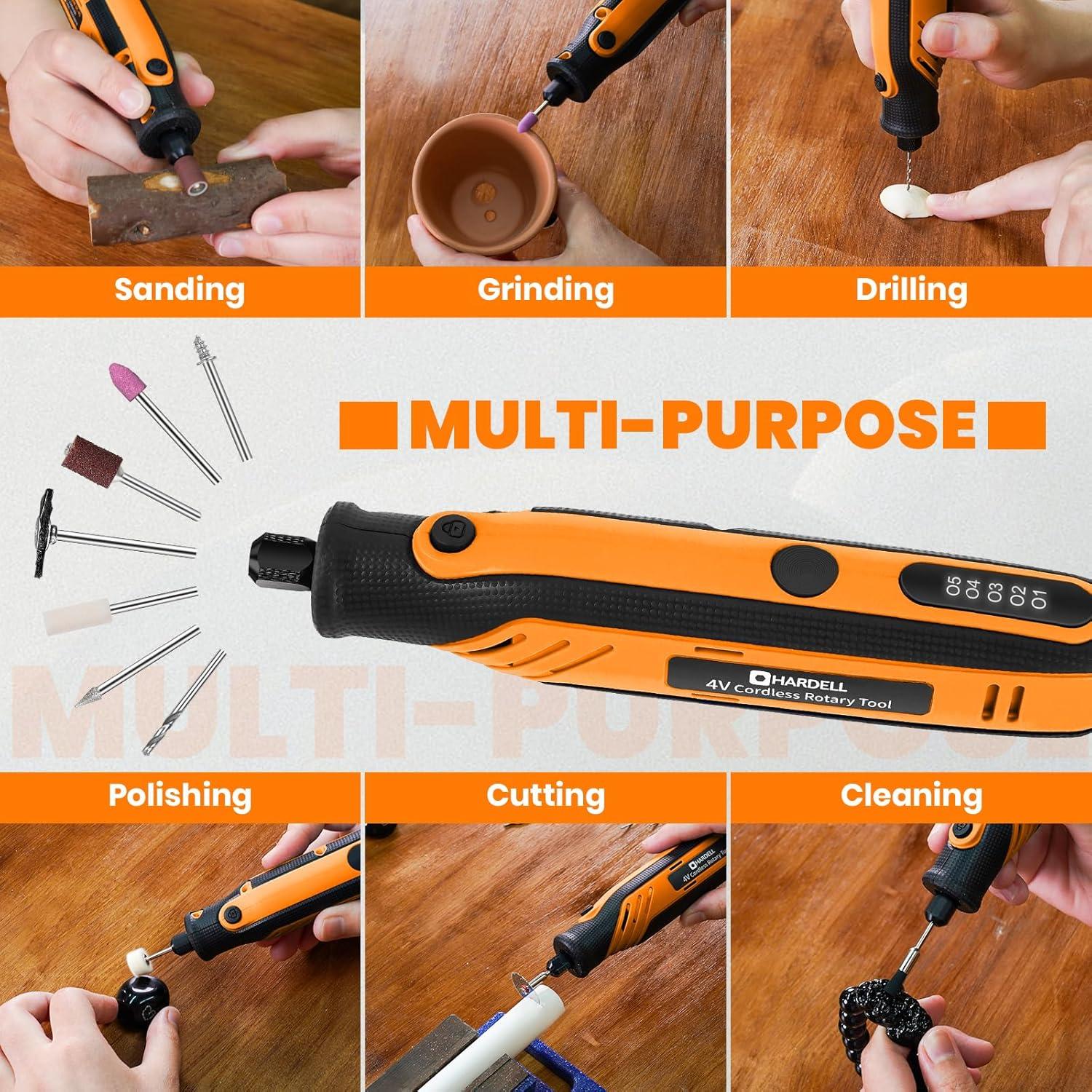 HARDELL Rotary Tool, 4V Mini Cordless Rotary tool Kit con 5 Speed Display, Rechargeable Rotary tool Set with 69 Accessories for Sanding, Grinding, Engraving, Polishing, Drilling, Cutting, DIY Crafting