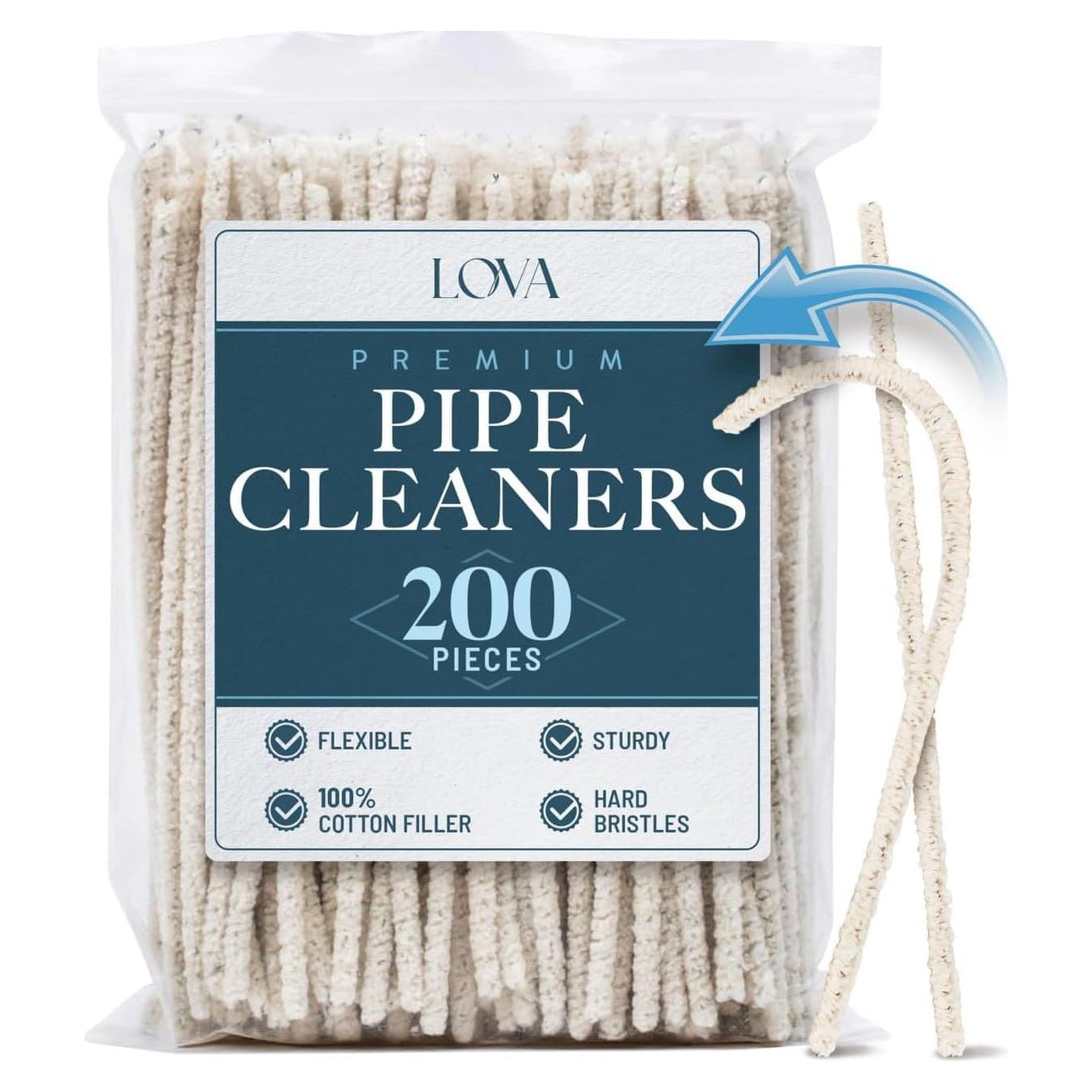 (200) Lova Pipe Cleaners Bulk (Hard Bristle) Easily Cleans, Glass Pipe Cleaner for Cleaning, Glass Pipes, Pipecleaners, Chenille Stems, (6 Inchs), 100% Cotton, Steel Wire, White