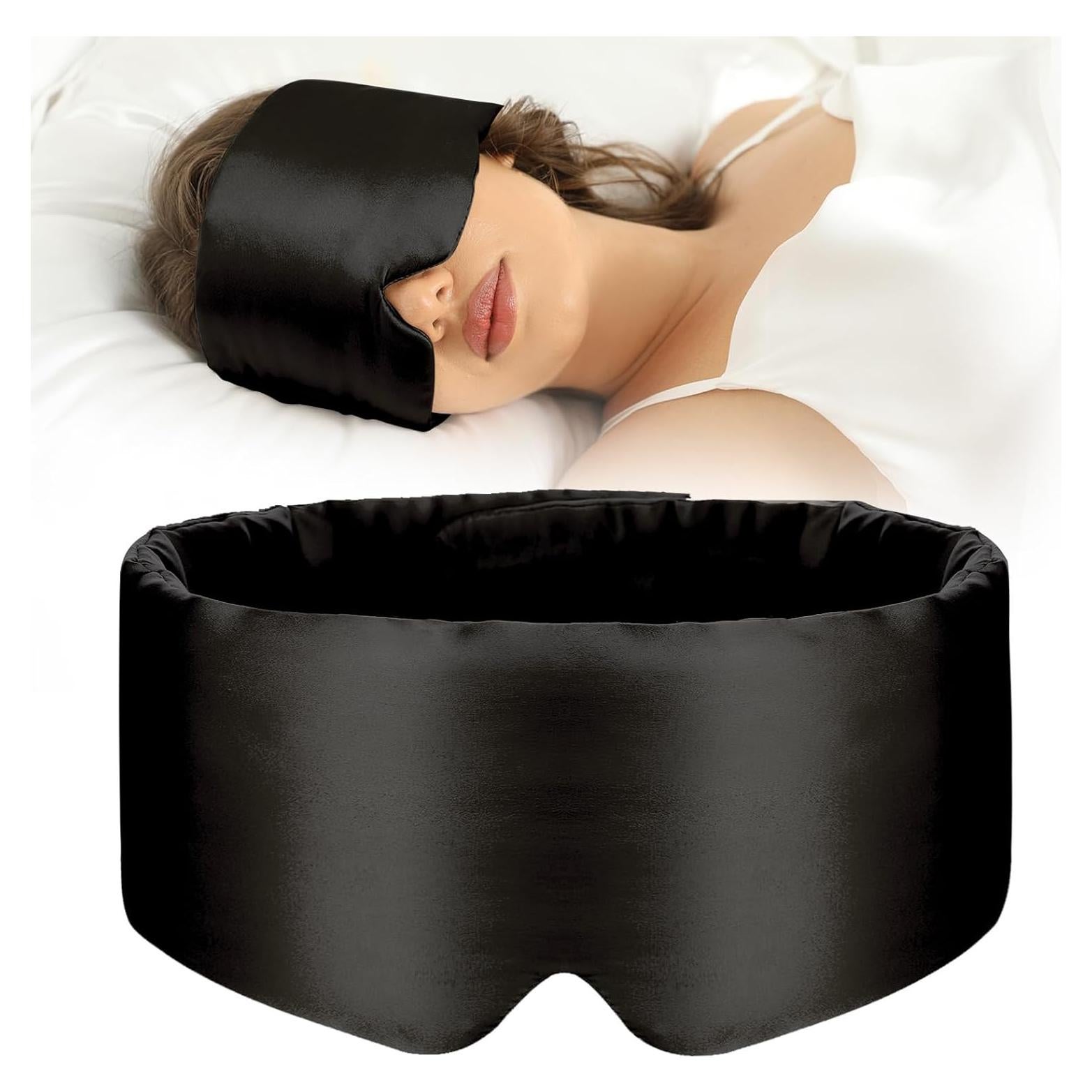 100% Mulberry Silk Sleep Mask Eye Mask for Women Man with Adjustable Band, for Side Sleeper Blackout Sleep Mask for Travel Rest and Office Large Size (Black)