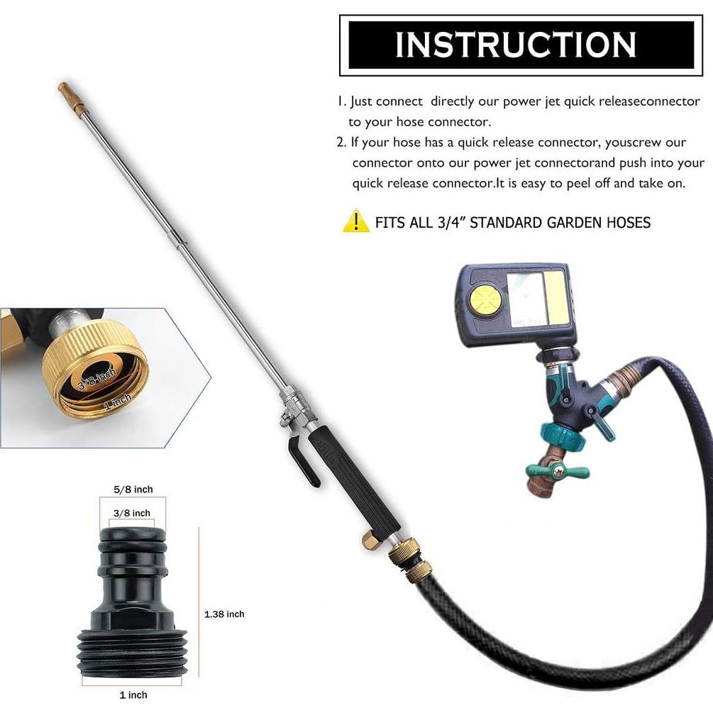 Hydro Jet High Pressure Power Washer-high pressure cleaning tool Extra Long Extendable Wand,Flexible Water Hose Universal Nozzle,Gutter Patio Car Pet Window Cleaning tool black