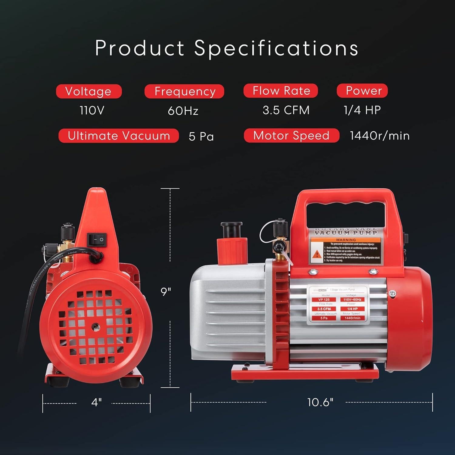 Bomba de Vacío VIVOHOME 1/4 HP 3.5 CFM Roja Portátil