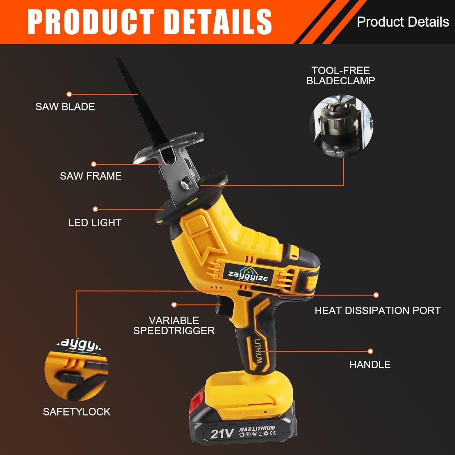 Cordless Reciprocating Saw, 0-3500 SPM, with 2 Packs Batteries, Tool-free Blade Change, LED Light Power Reciprocating Saws, 8 Saw Blades Kit for Wood/Metal/PVC Cutting Included