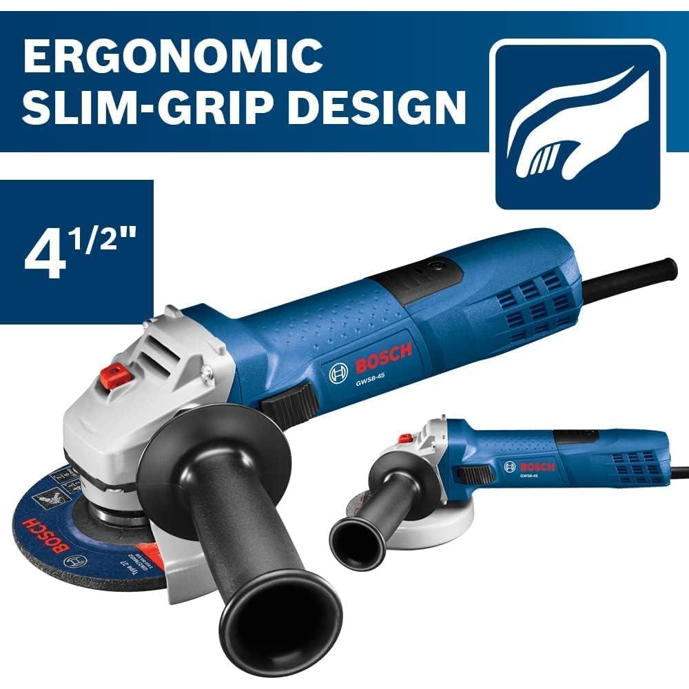 BOSCH GWS8-45 4-1/2 Inch 7.5 Amp Angle Grinder with Lock-On Switch, Lightweight Design, and Durable Protection Guard for Metal and Concrete Grinding