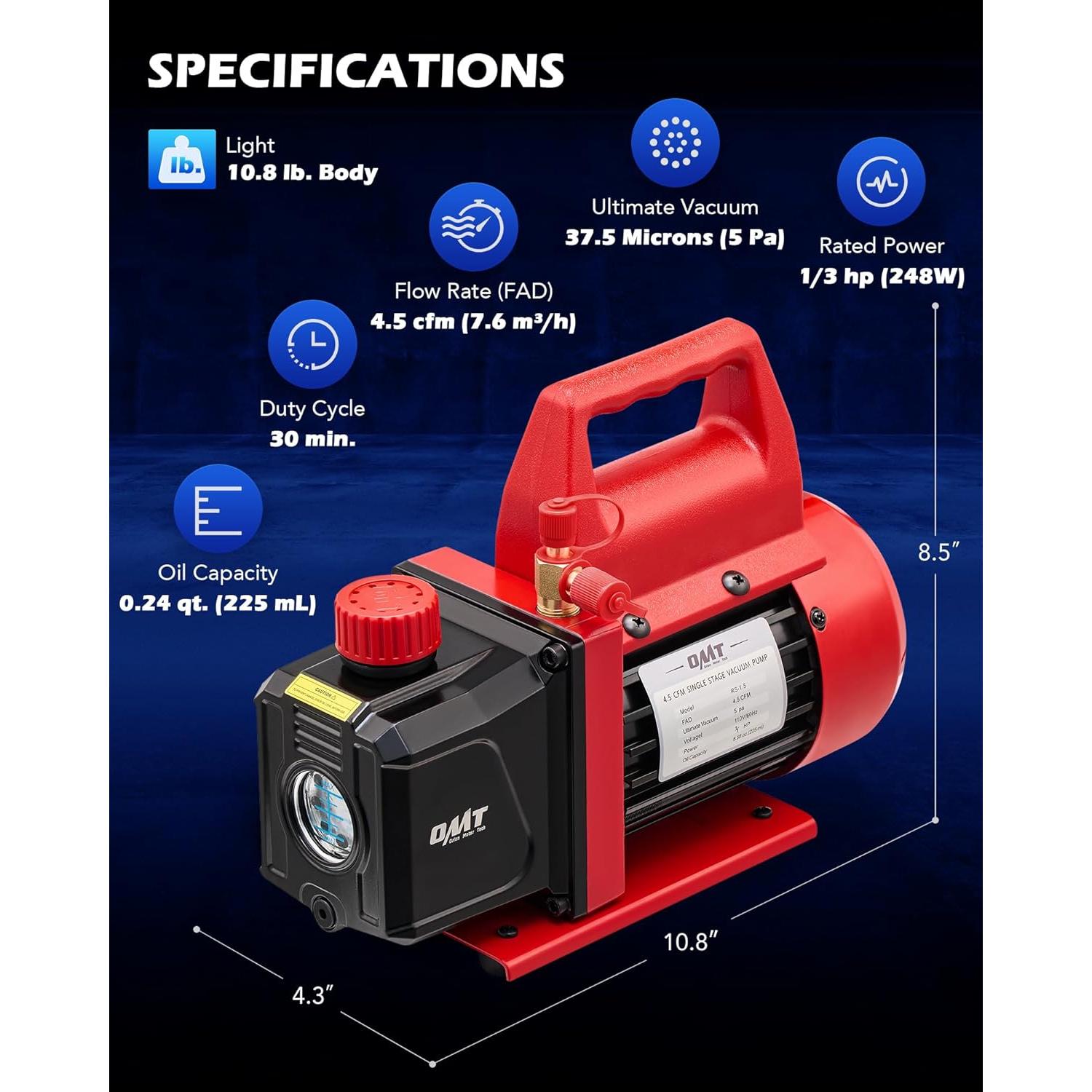 Bomba de Vacío Orion Motor Tech 4.5 CFM 1/3 HP AC