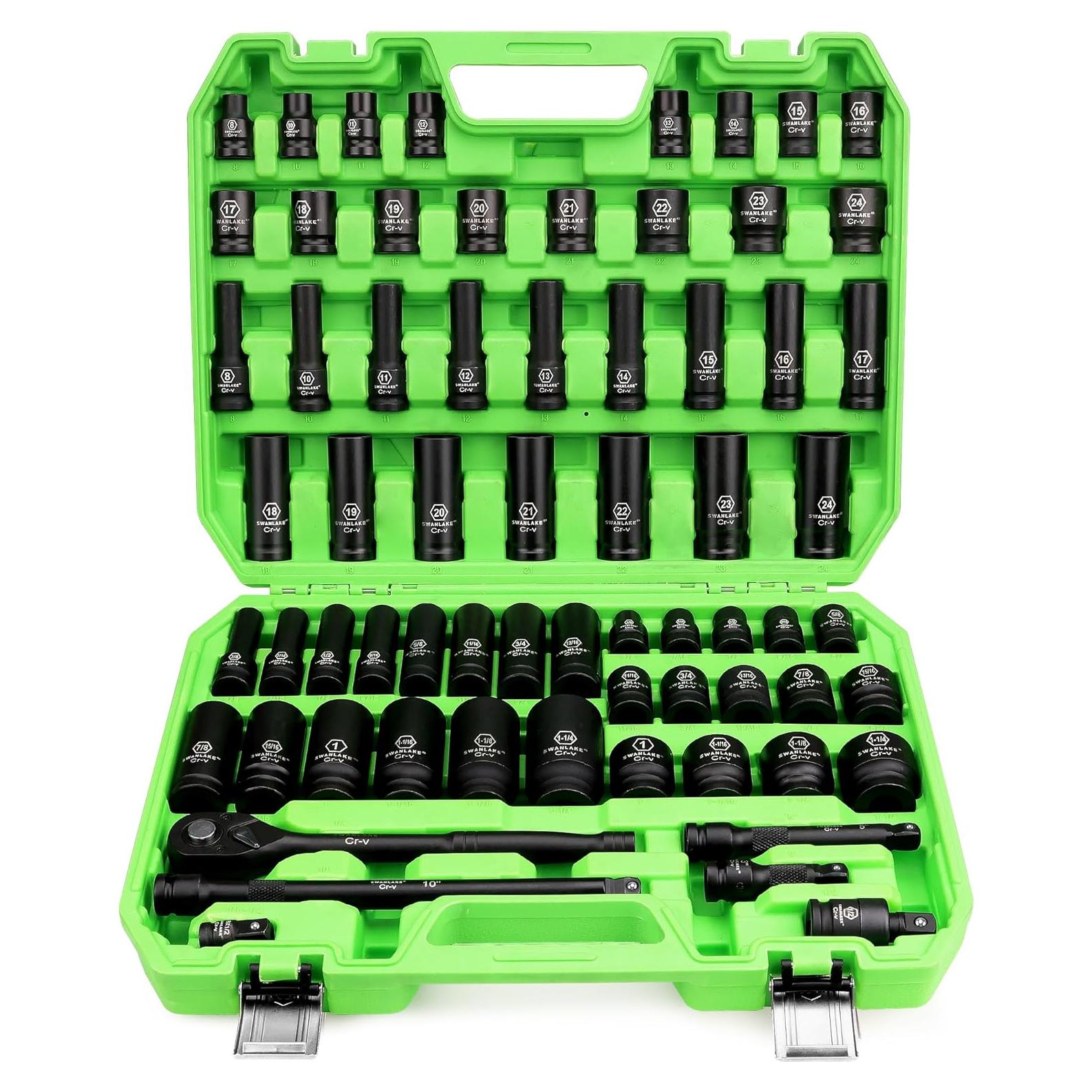 Set de Enchufes de Impacto Swanlake 1/2" 66 Piezas SAE y Métrico